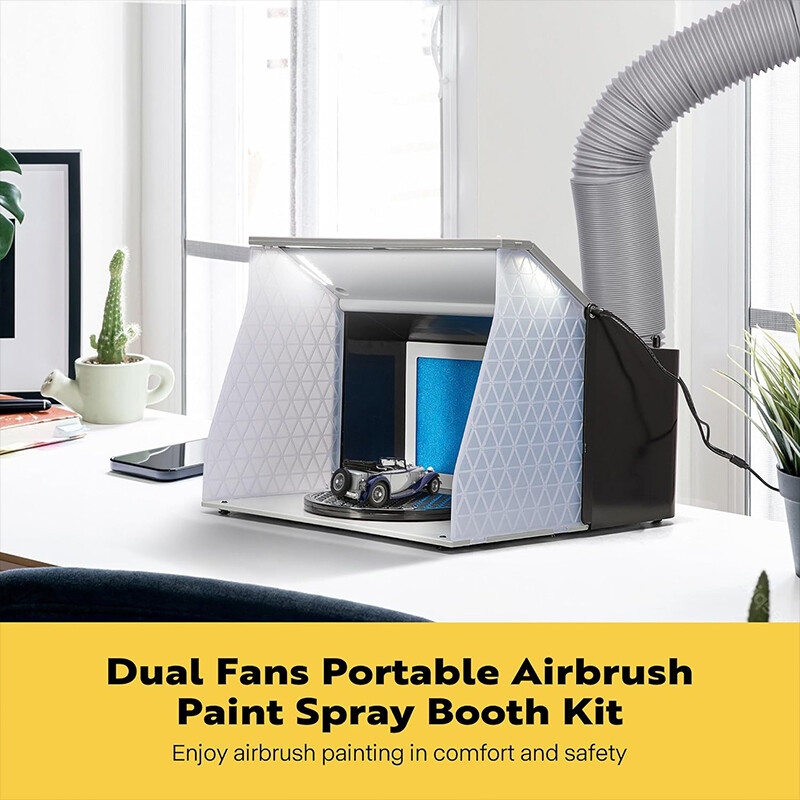 Airbrush Paint Spray Booth Kit Dual Fans w/ 4 LED Lights Turn Table, Filter Hose