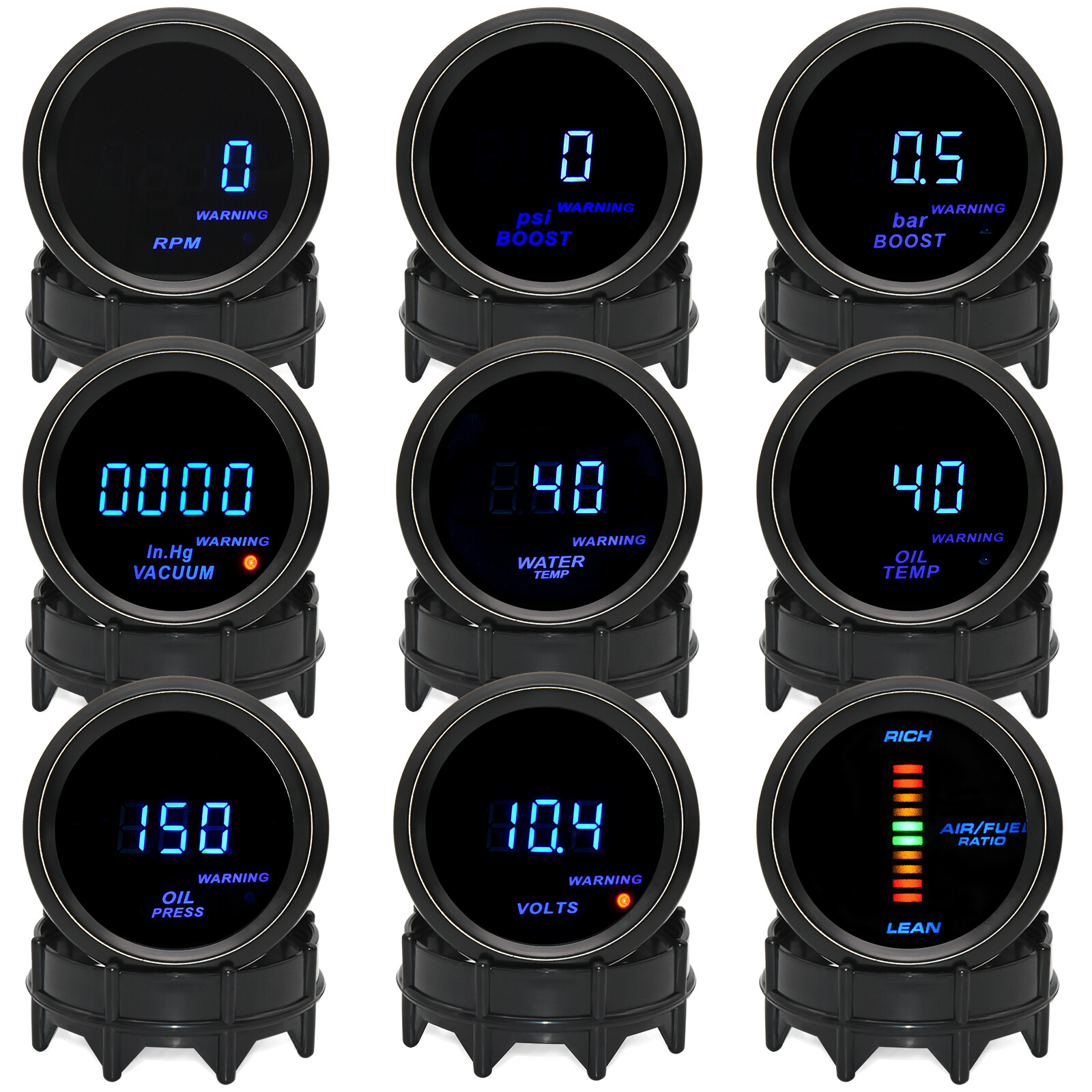 2" 52mm Digital Turbo Boost Water Temp Oil Temp Oil Press Tachometer Volt Gauge