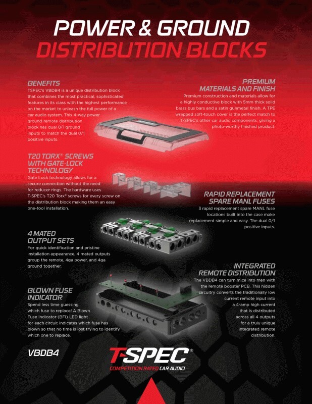 T-SPEC VBDB4 / CAR STEREO 4-WAY POWER & GROUND DISTRIBUTION BLOCK **NEW**
