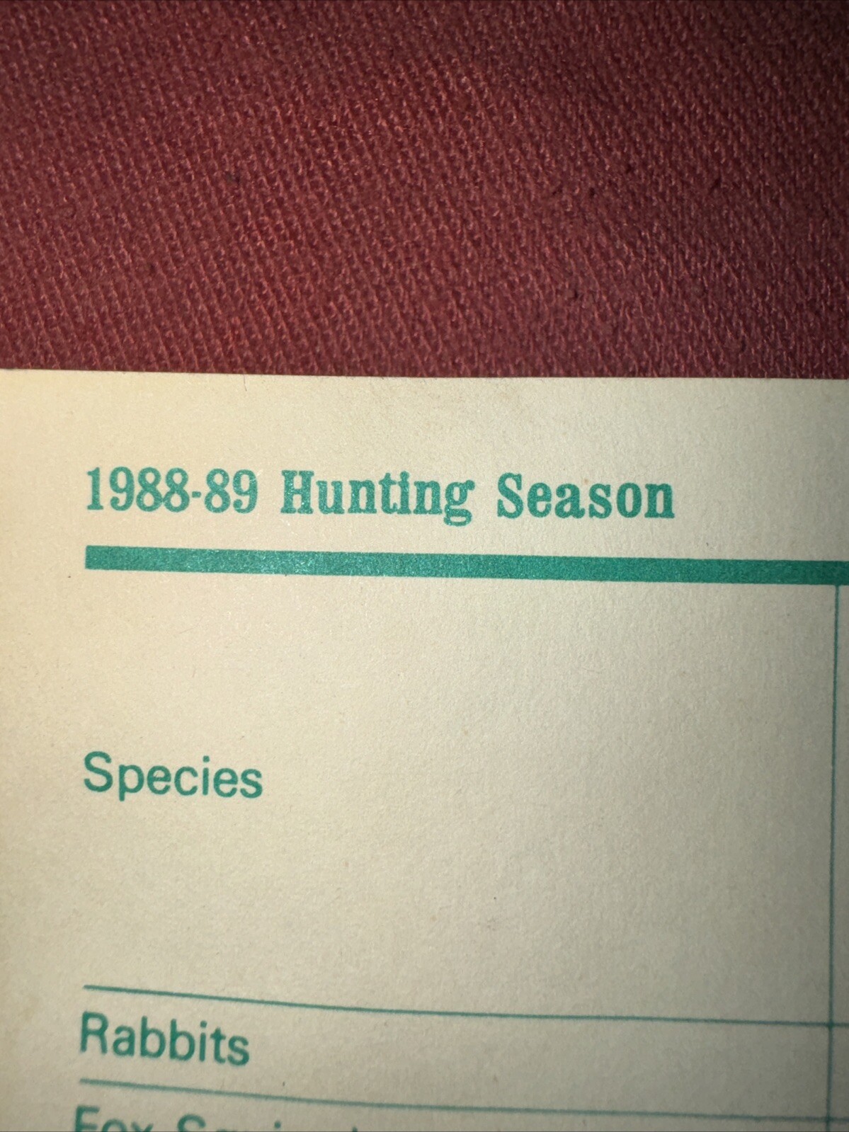 Illinois Department Of Conservation Game Tracking Card. 1988-1989 Season.