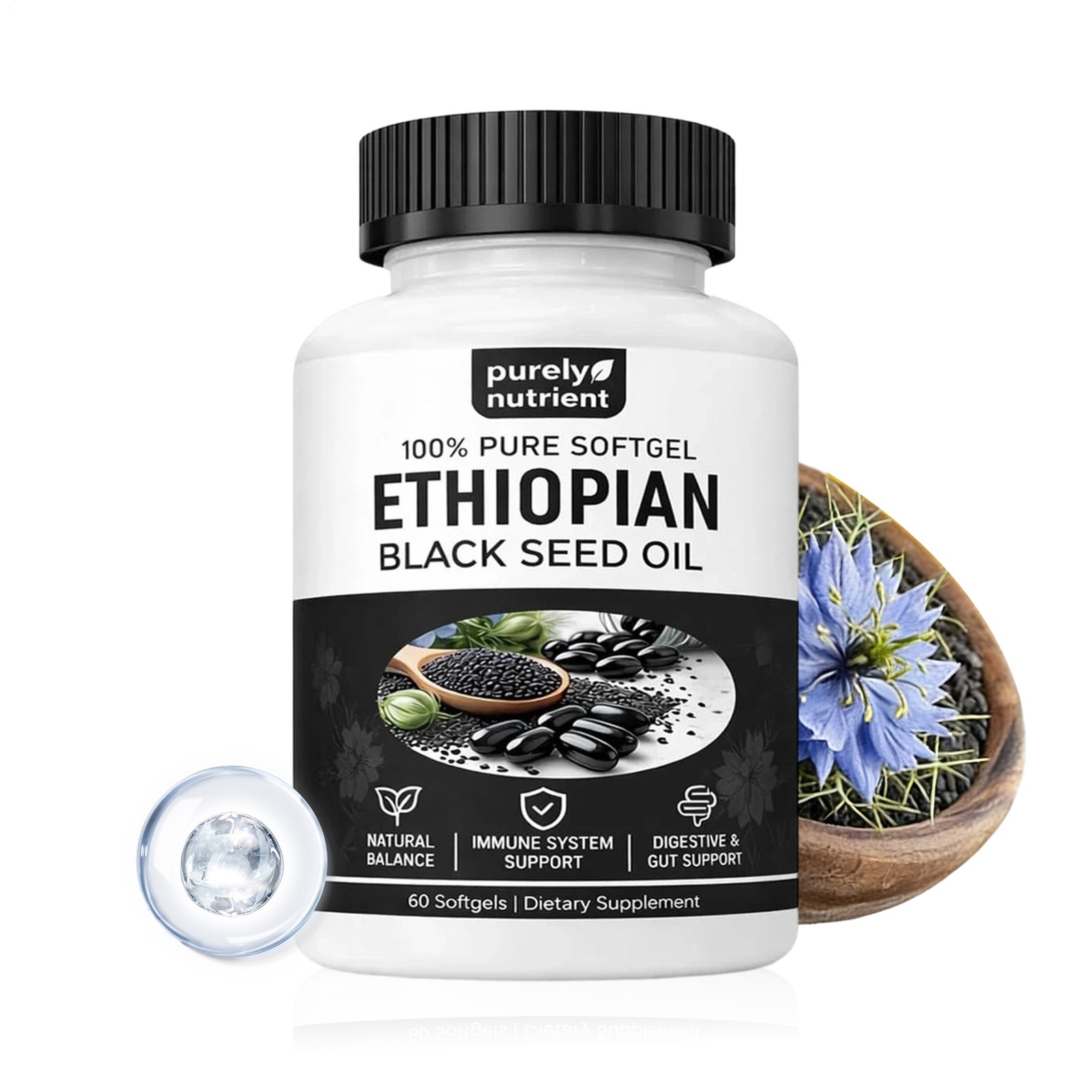Ethiopian Black Seed Oil Softgels |4.64% Thymoquinone |Gluten-Free, 60 Capsules