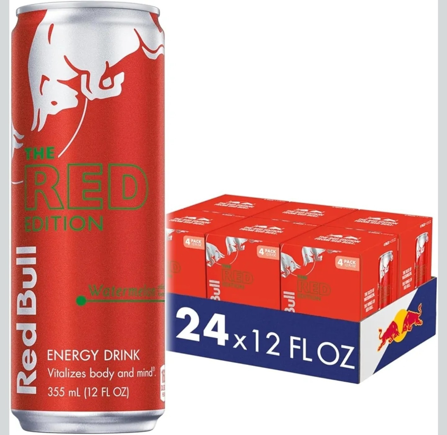 Red Bull Red Edition, Watermelon,12 Fl Oz, 6 Packs of 4 Cans (Pack of 24 Cans)