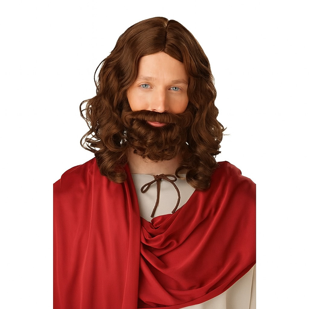 Jesus Wig and Beard Costume Set – Brown Curly Hair & Full Beard – Biblical