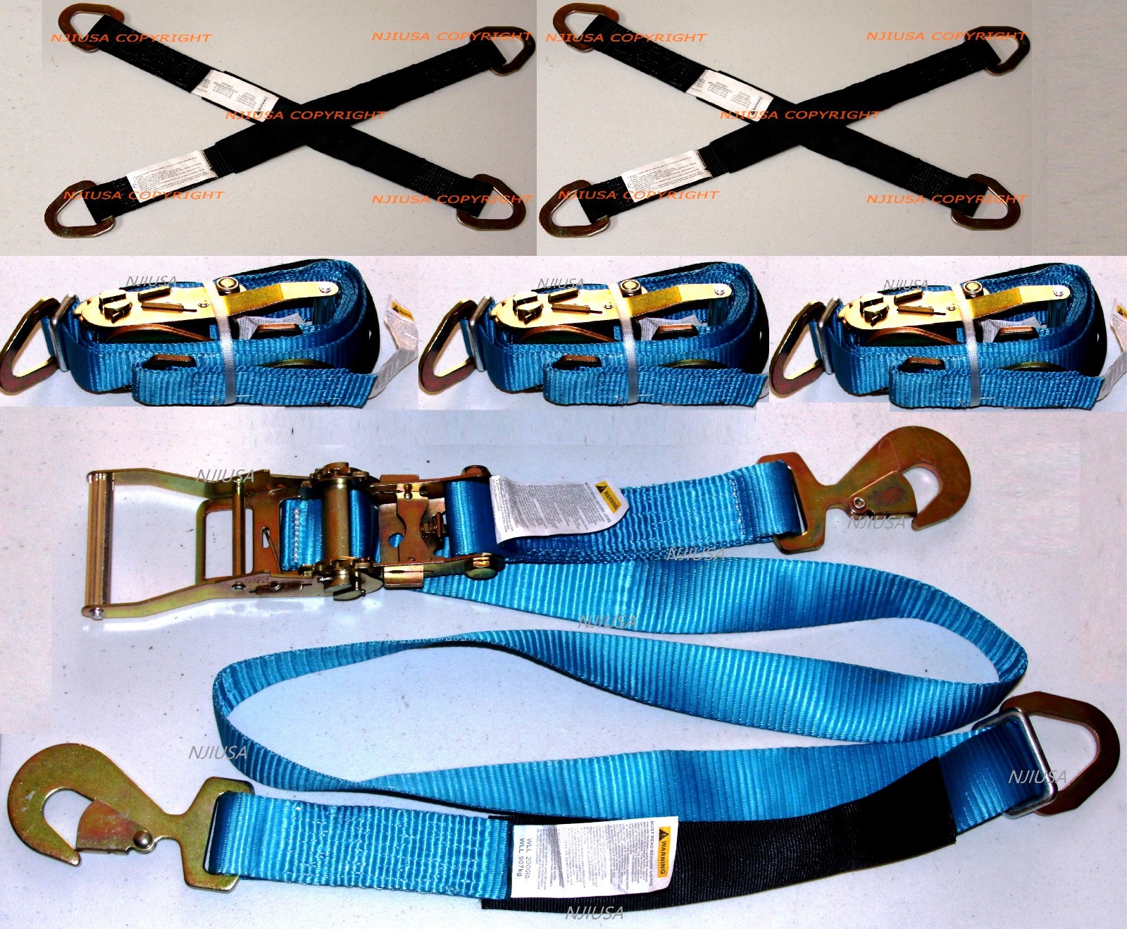 4 Sets Axle Straps Car Hauler Trailer Auto Tie Down Ratchet Straps Tow Kit BLUE
