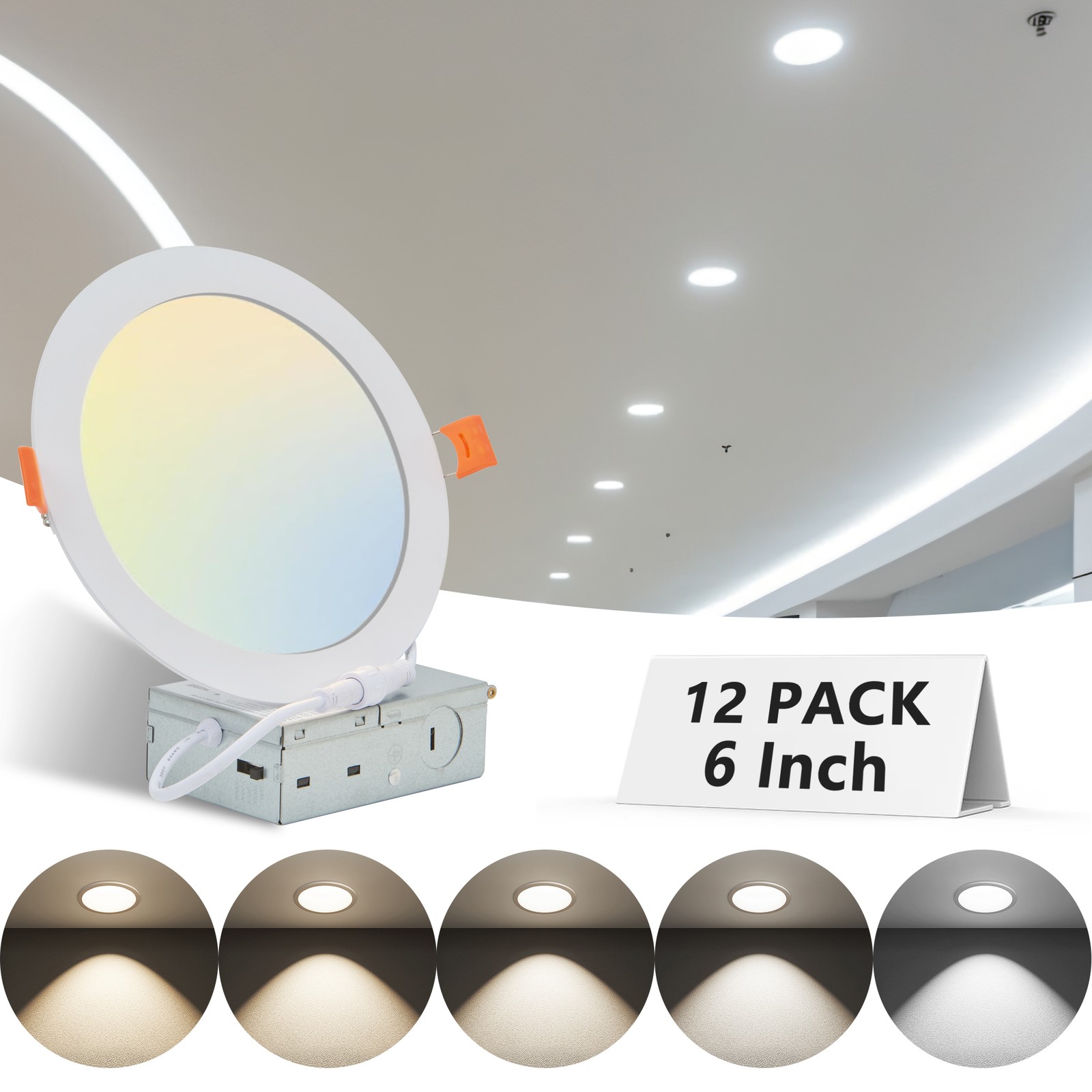 12 Pack 6 Inch Recessed Ceiling 5CCT LED Dimmable Panel Light with Junction Box