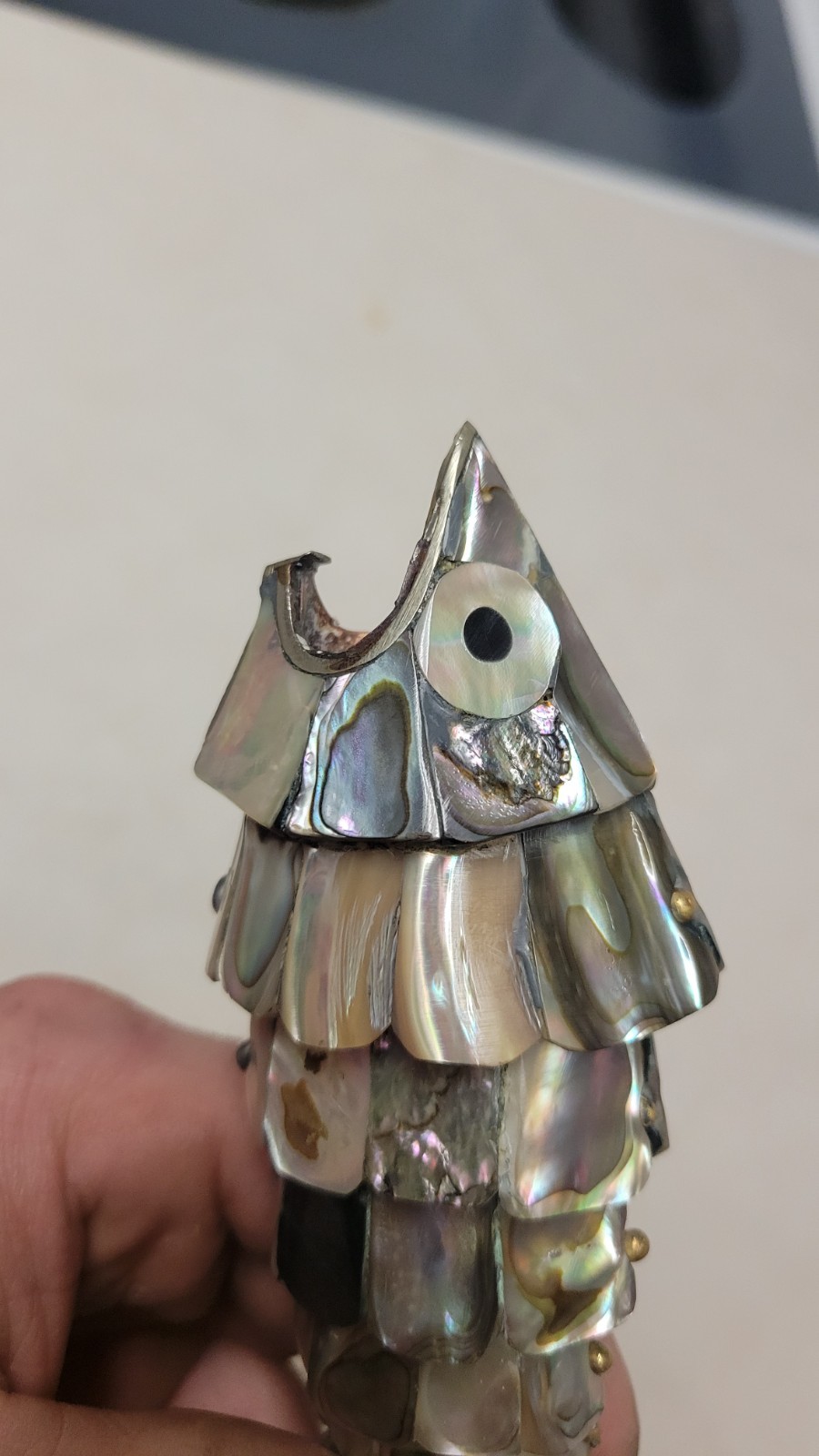 Vintage Mexican Articulated Fish Bottle Opener Abalone Shell Inlay 7 Inches