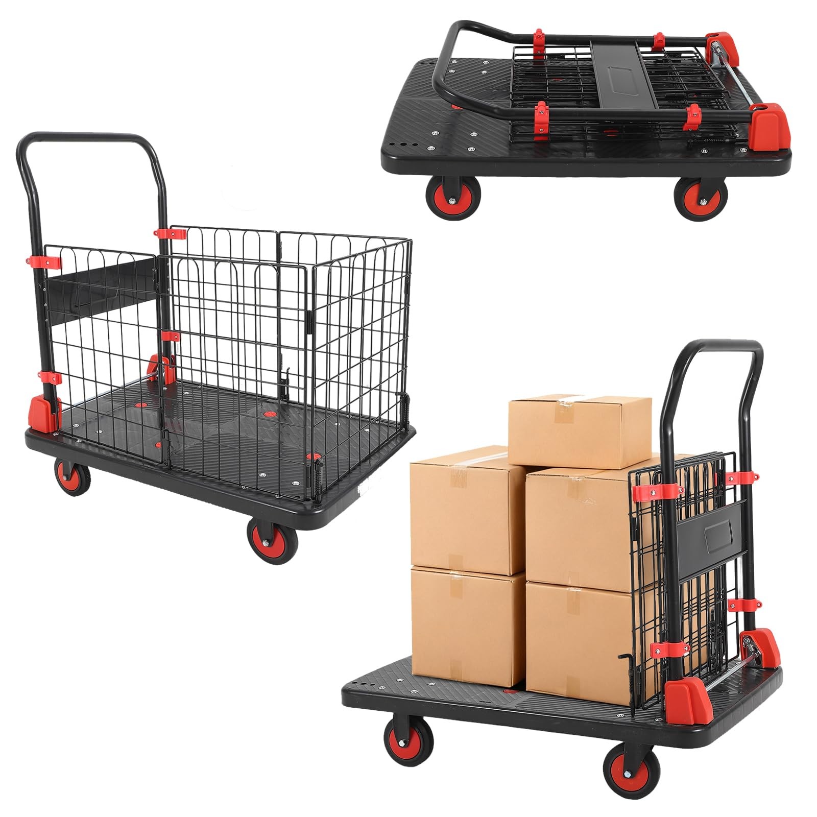1000Lbs Platform Truck Cart with Cage 2in1 Heavy Duty Push Cart Dolly Foldable
