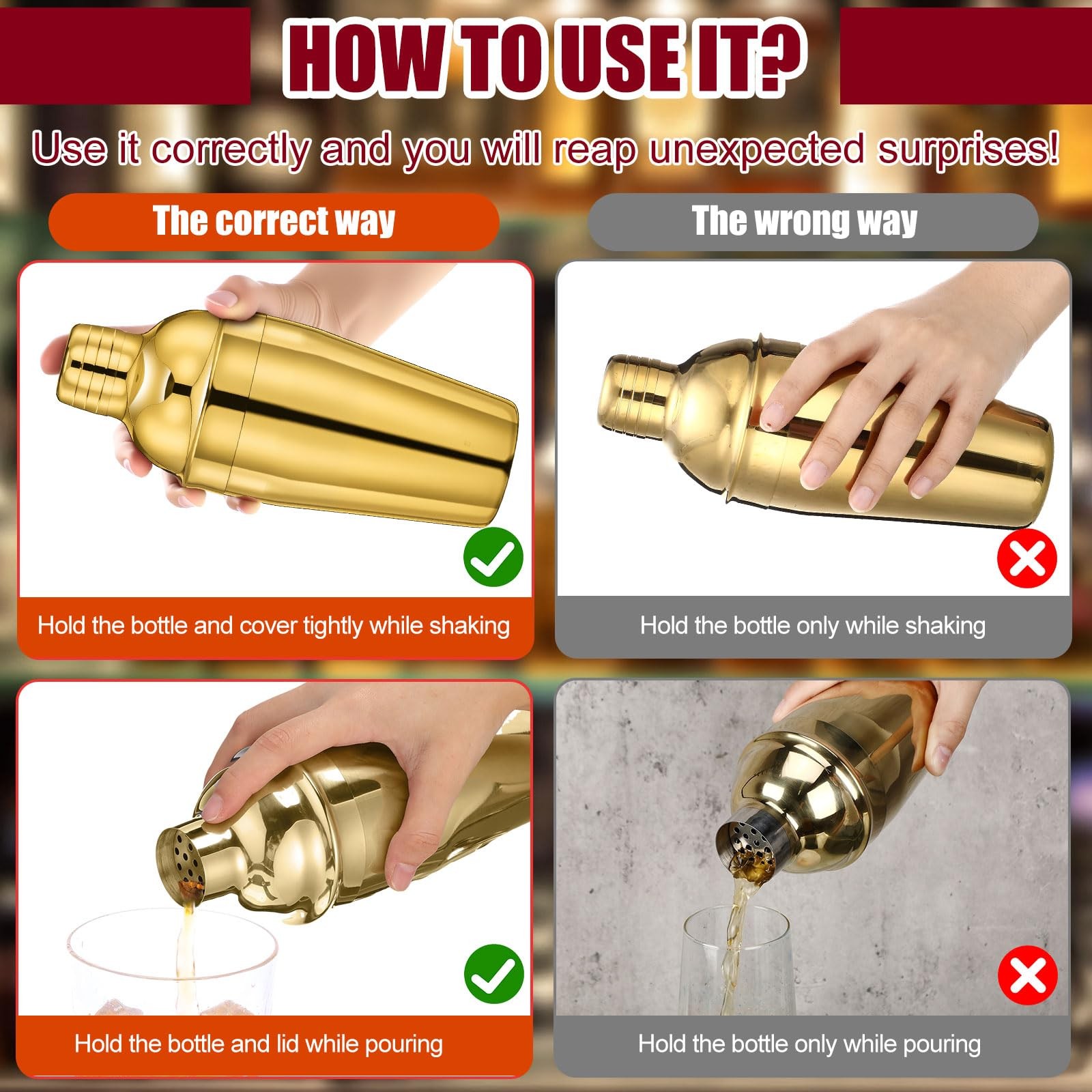 Nitial 6 Pcs Bar Cocktail Shaker Professional Stainless Steel 18.6 oz, Gold