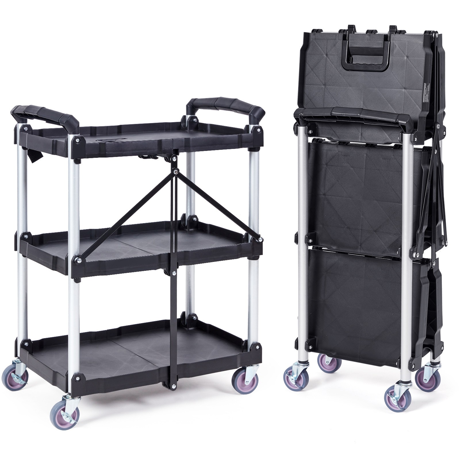 Uimoso Foldable Utility Service Cart 3 Shelf 165LBS with Swivel Lockable Wheels
