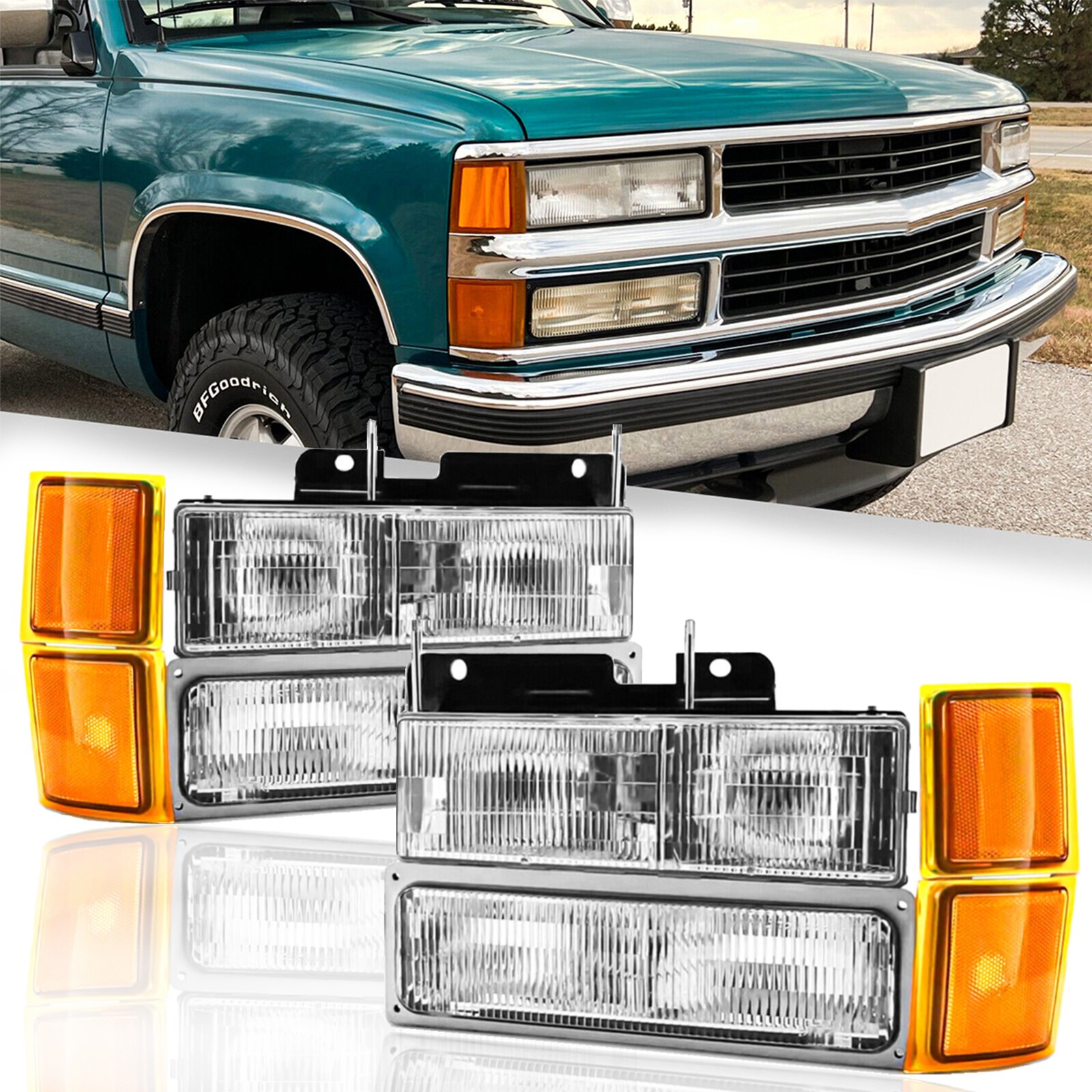 For 1994-1998 Chevy Silverado Headlights OBS C/K 1500 2500 3500 w/ Bumper Lamps