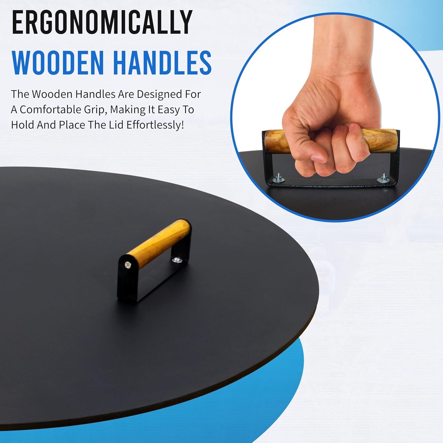 Fire Pit Lid 34 Inch – Round Metal Cover with Wooden Handles