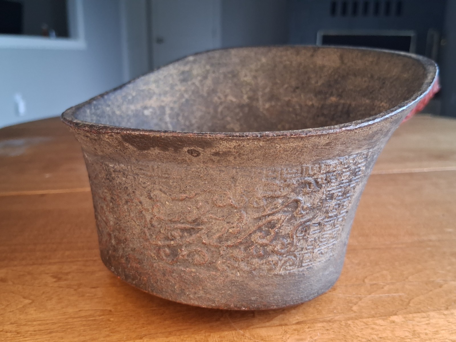 Antique 12" Big Chinese Bronze Silk Iron w/ Carved Cinnabar Handle, Hole Shown