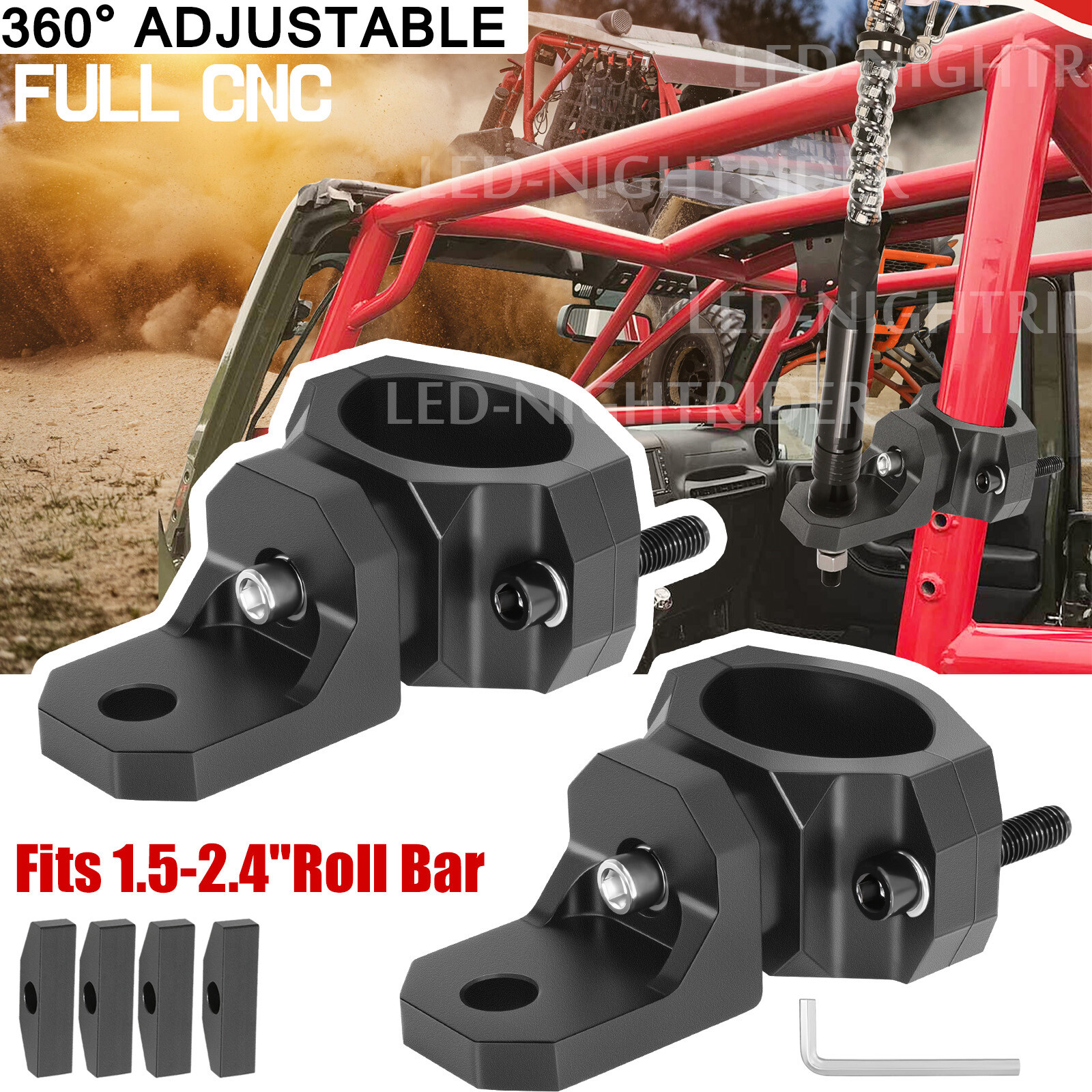 2x For Polaris RZR LED Whip Lights Mounting Brackets 1.5-2.5" Roll Bar Mount UTV