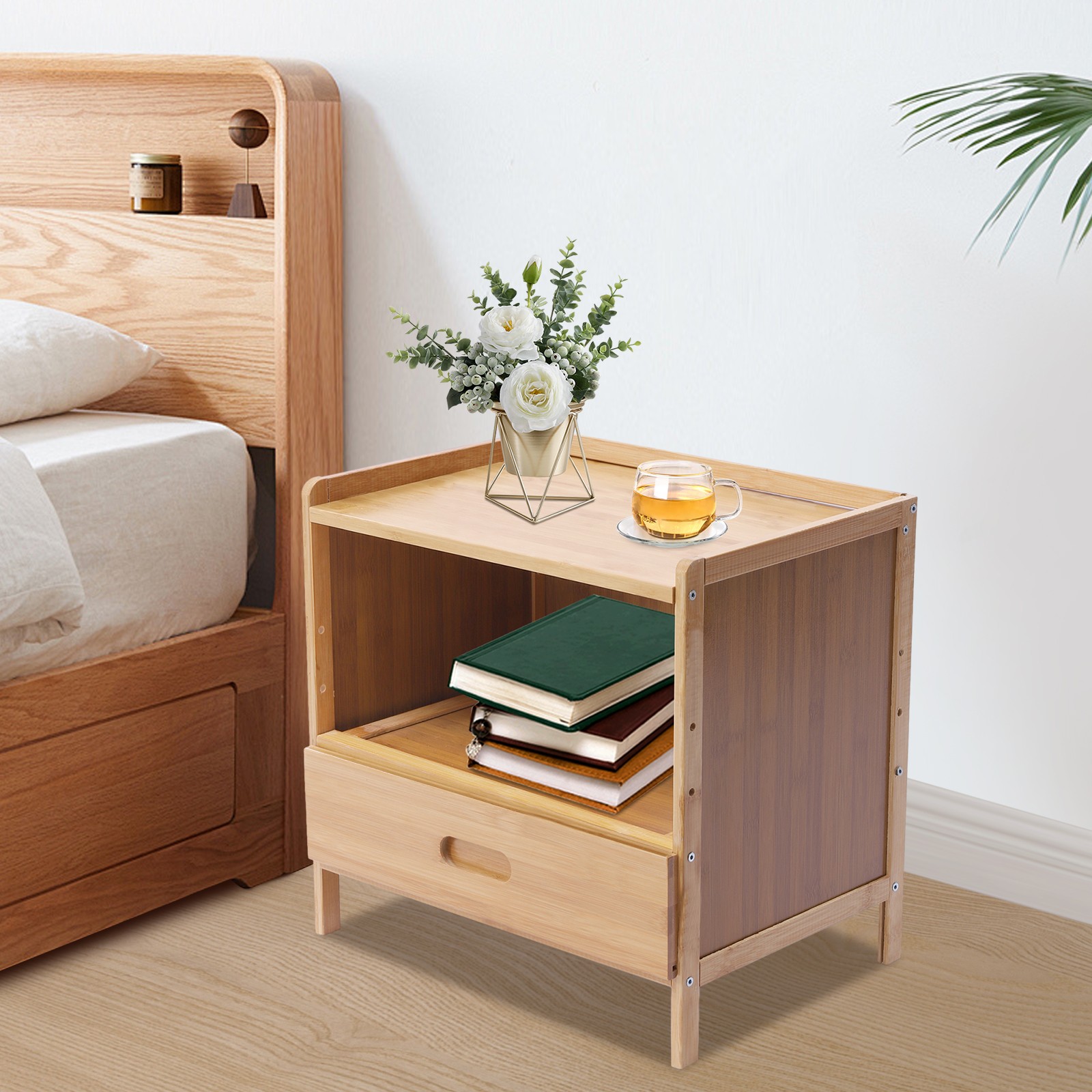 Bamboo Night Stand Bedside Table- Bed Side Table with Drawers, Small Nightstand