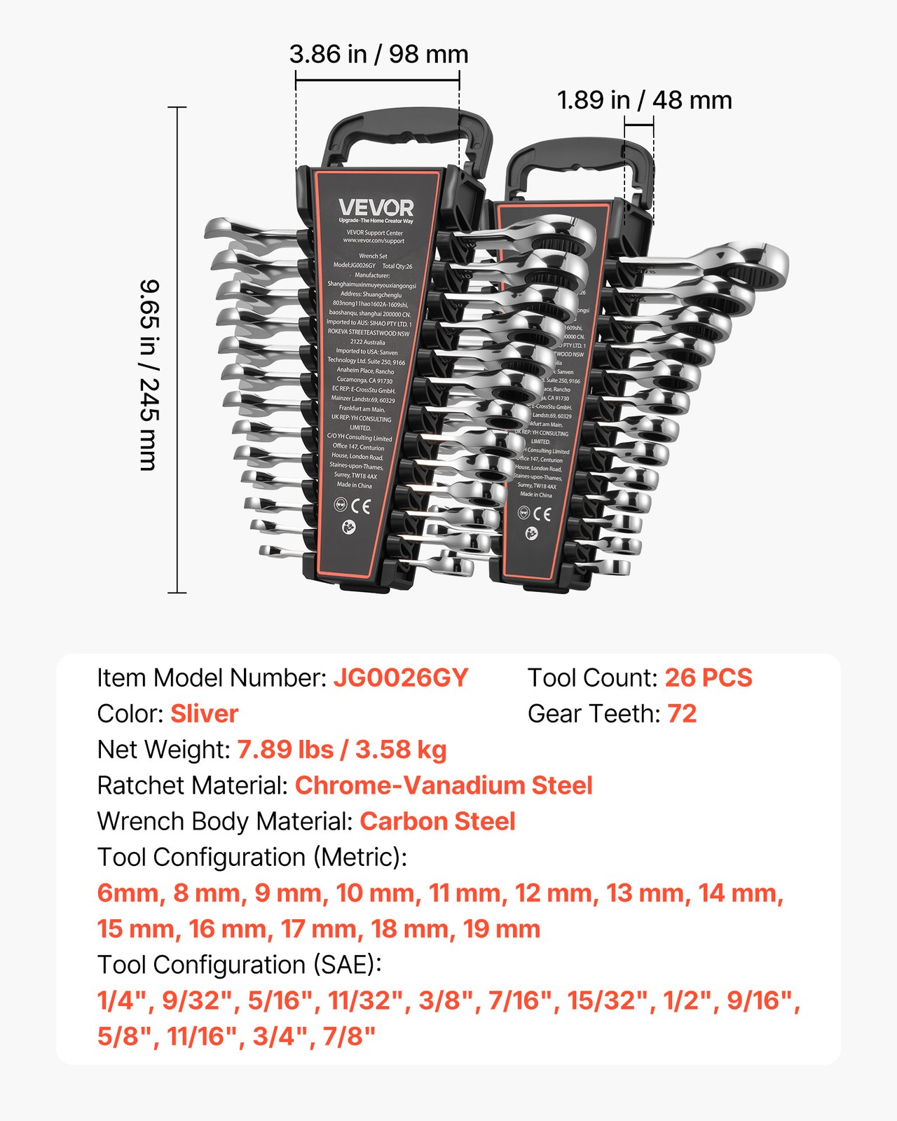 VEVOR Combination Wrench Set Ratcheting Wrench Set 26-Piece SAE Metric Repairs