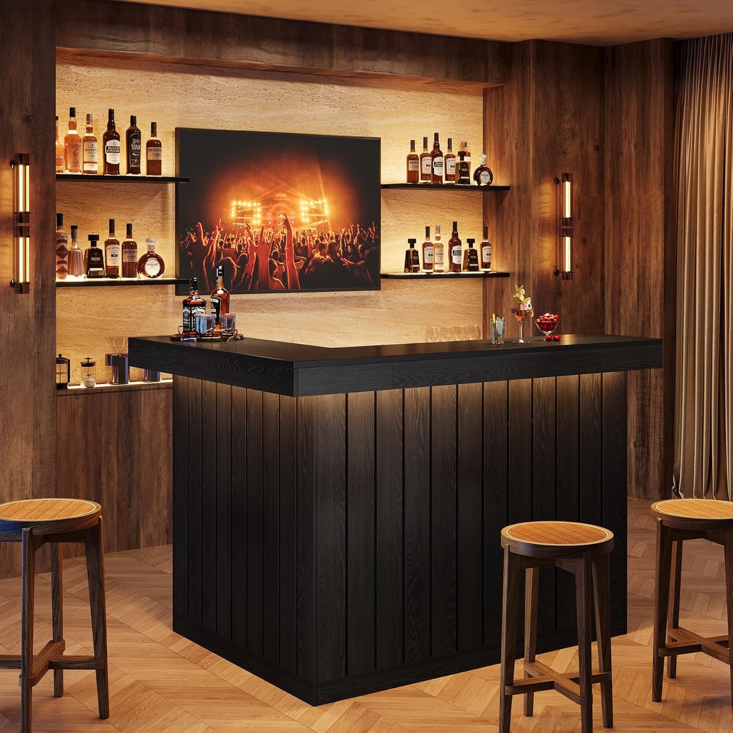 L-Shaped Home Bar Unit, 4-Tier Corner Liquor Bar Table with Storage Shelves