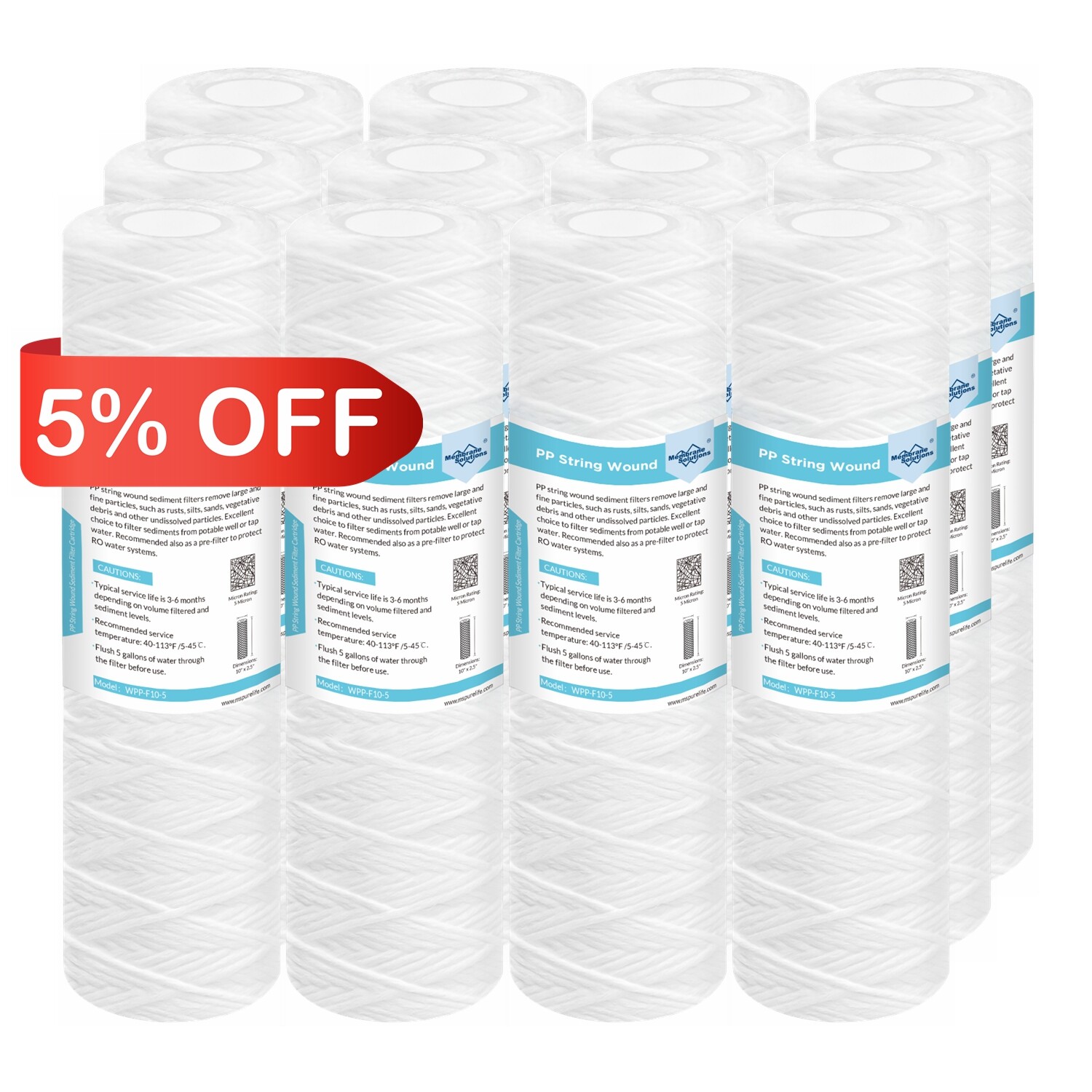 10" x 2.5" String Wound Whole House Sediment Water Filter 1/5/10/20/30/50 Micron