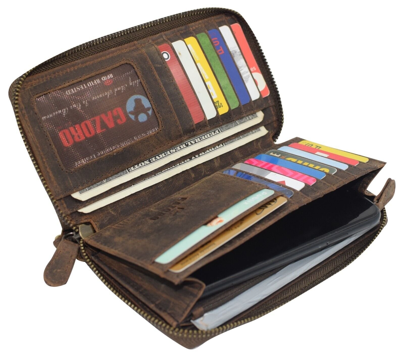 Vintage Leather Women's Wallet RFID Zip Around Card Holder Phone Wristlet Clutch