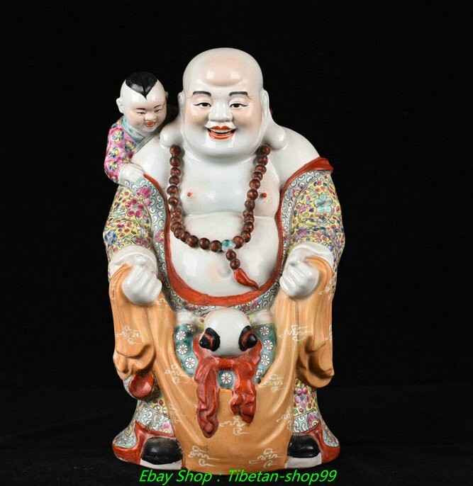 11.8''Old Famille Rose Porcelain Gilt Tongzi Happy Laugh Maitreya Buddha Statue