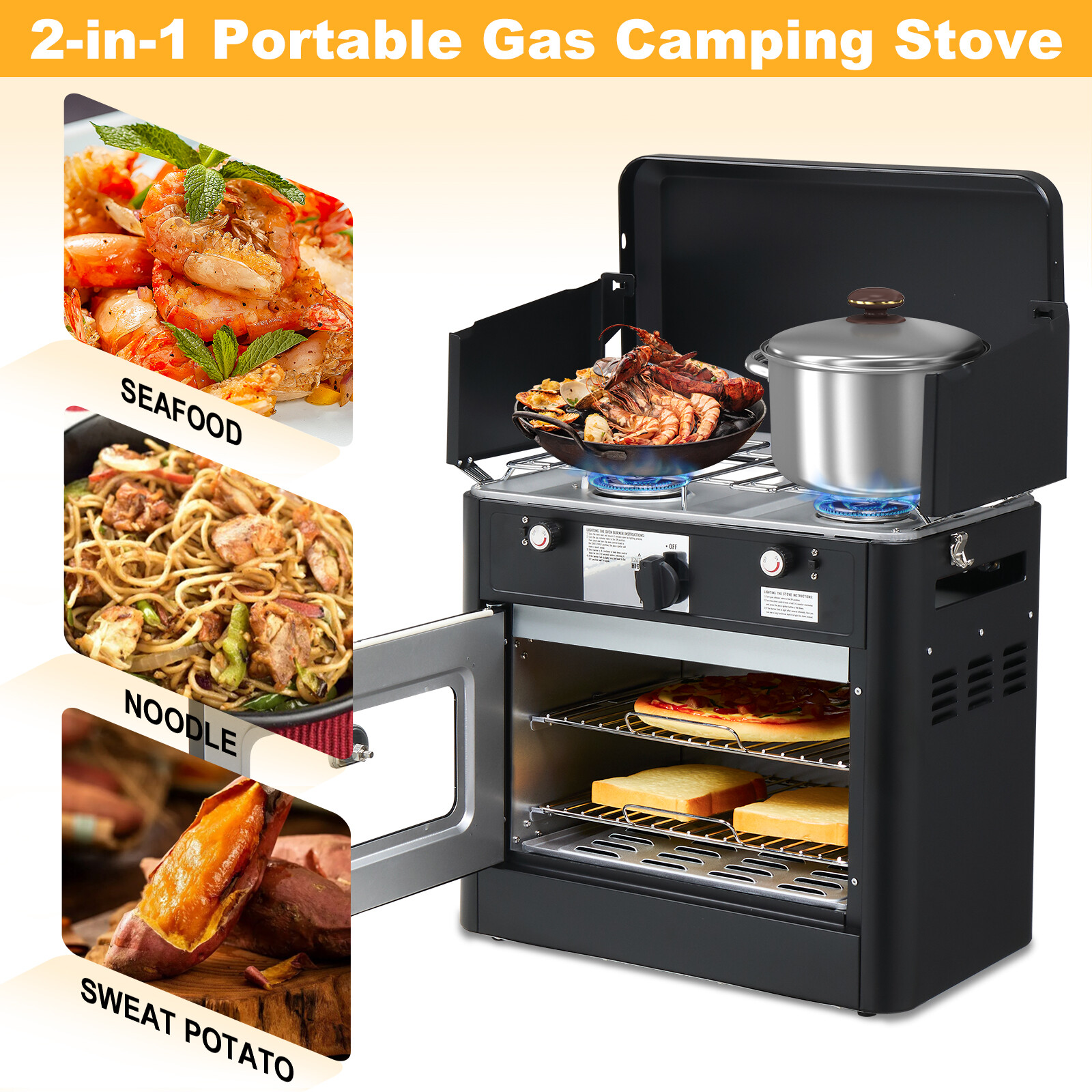 2-in-1 Portable Outdoor Camping 2 Burner Stove Propane Oven with Piezo Lgniter