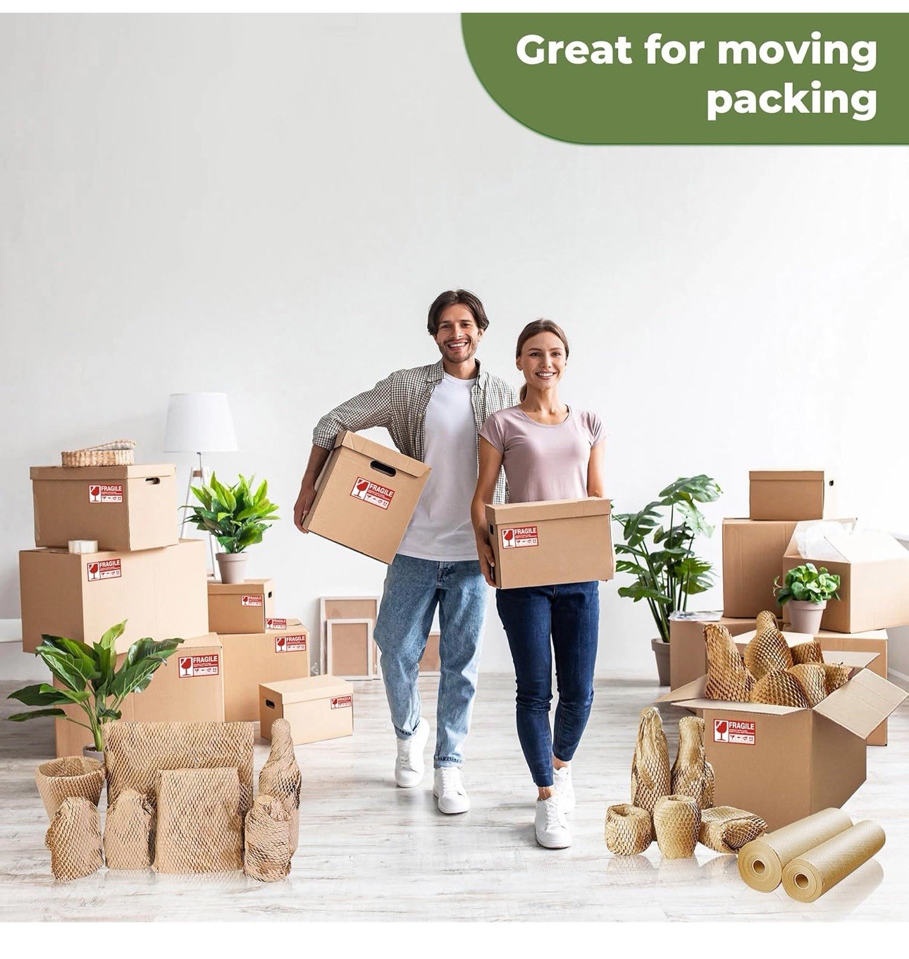 Honeycomb Packing Supplies Paper Wrap 15 X 250ft w/ 60 Fragile Sticker Labels