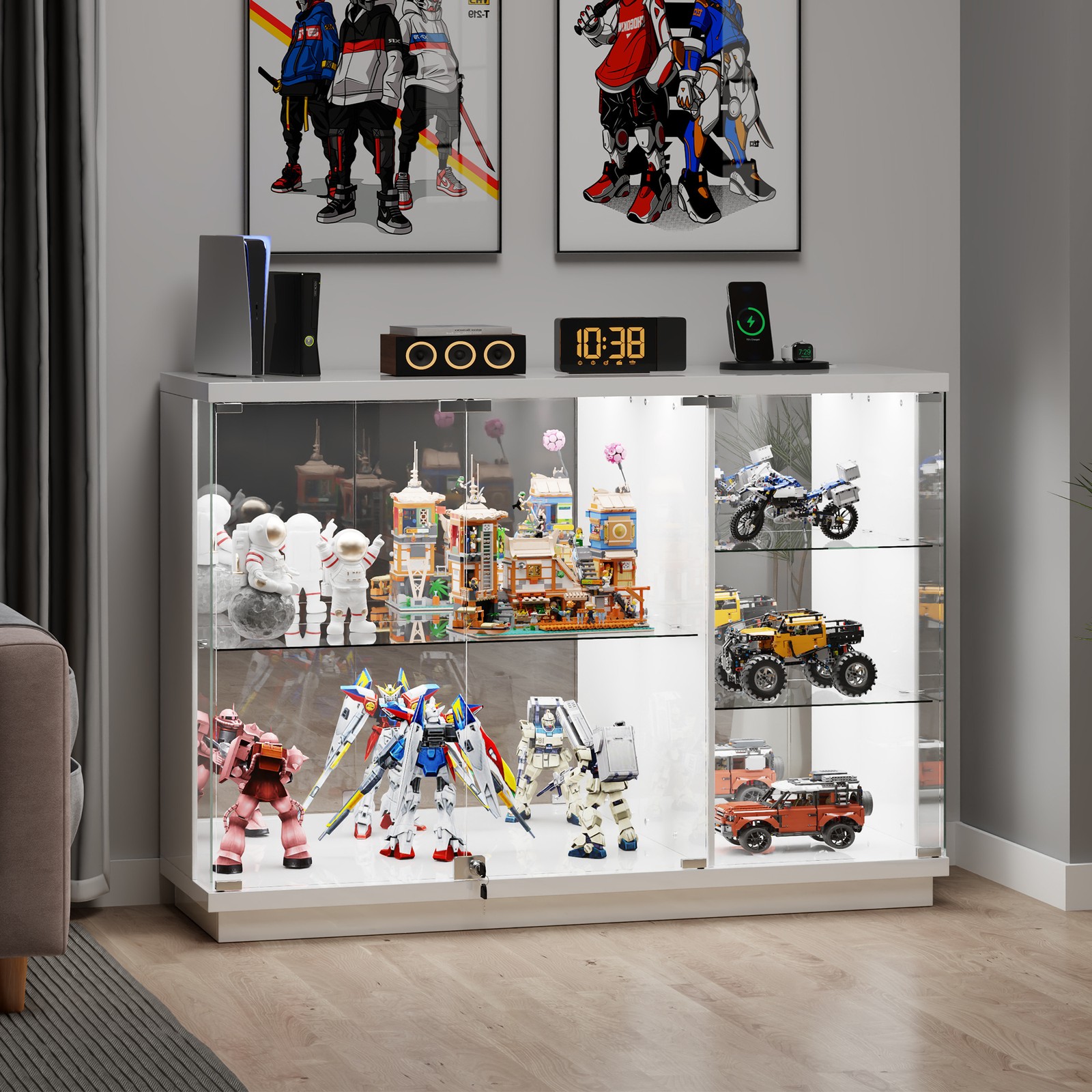 Gurexl Glass Display Cabinet with Lock, Display Cases with 3-Color LED Lights