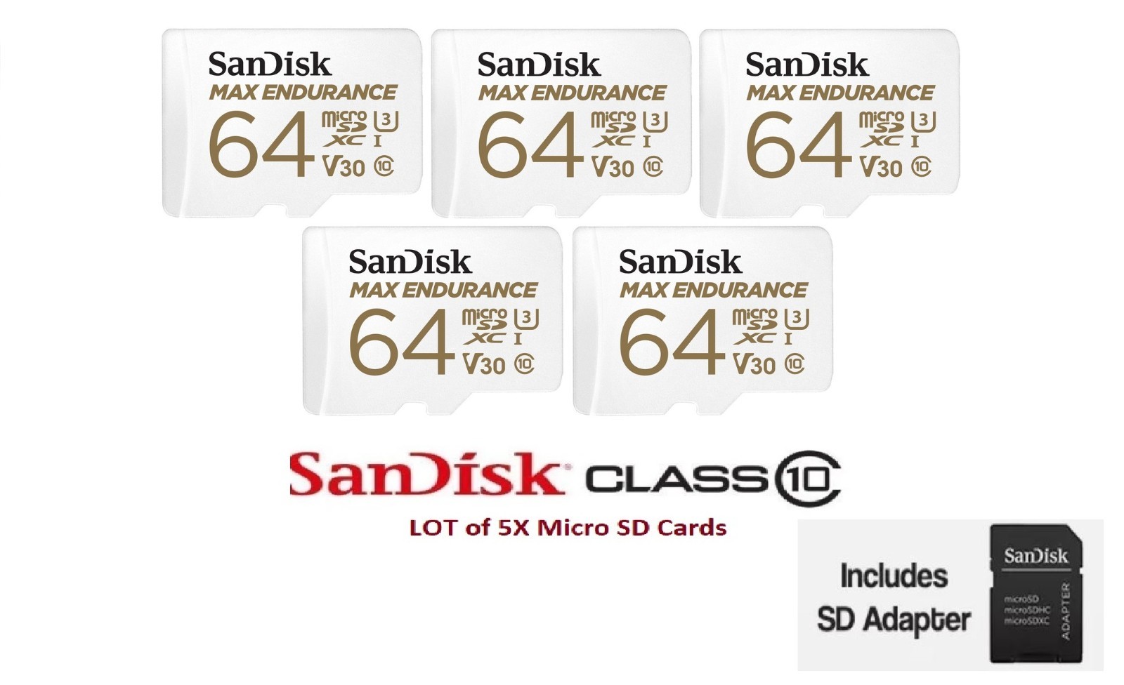 SanDisk MAX ENDURANCE 64 GB Class 10/UHS-I U3 microSDHC (Lot of 5)