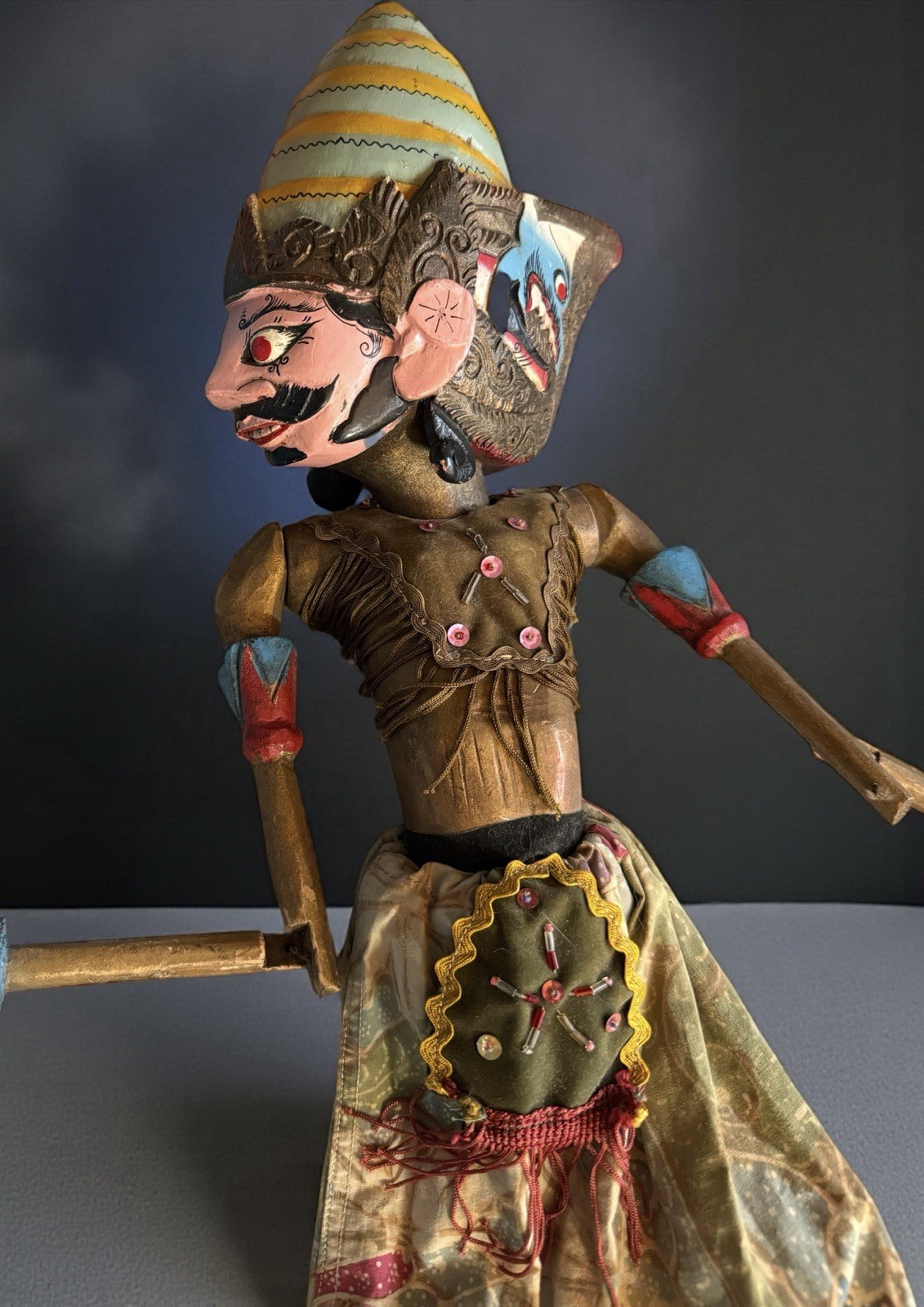 Old wayang golek handcarved wood rod puppet Indonesia 28”