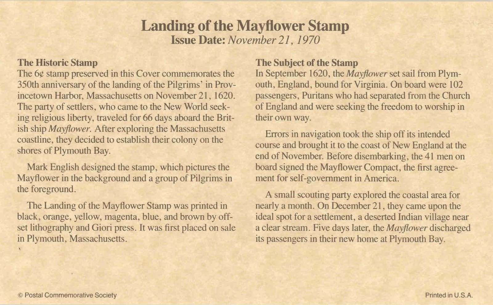 Historic Stamps of America: Landing of The Mayflower #1420 - free shipping
