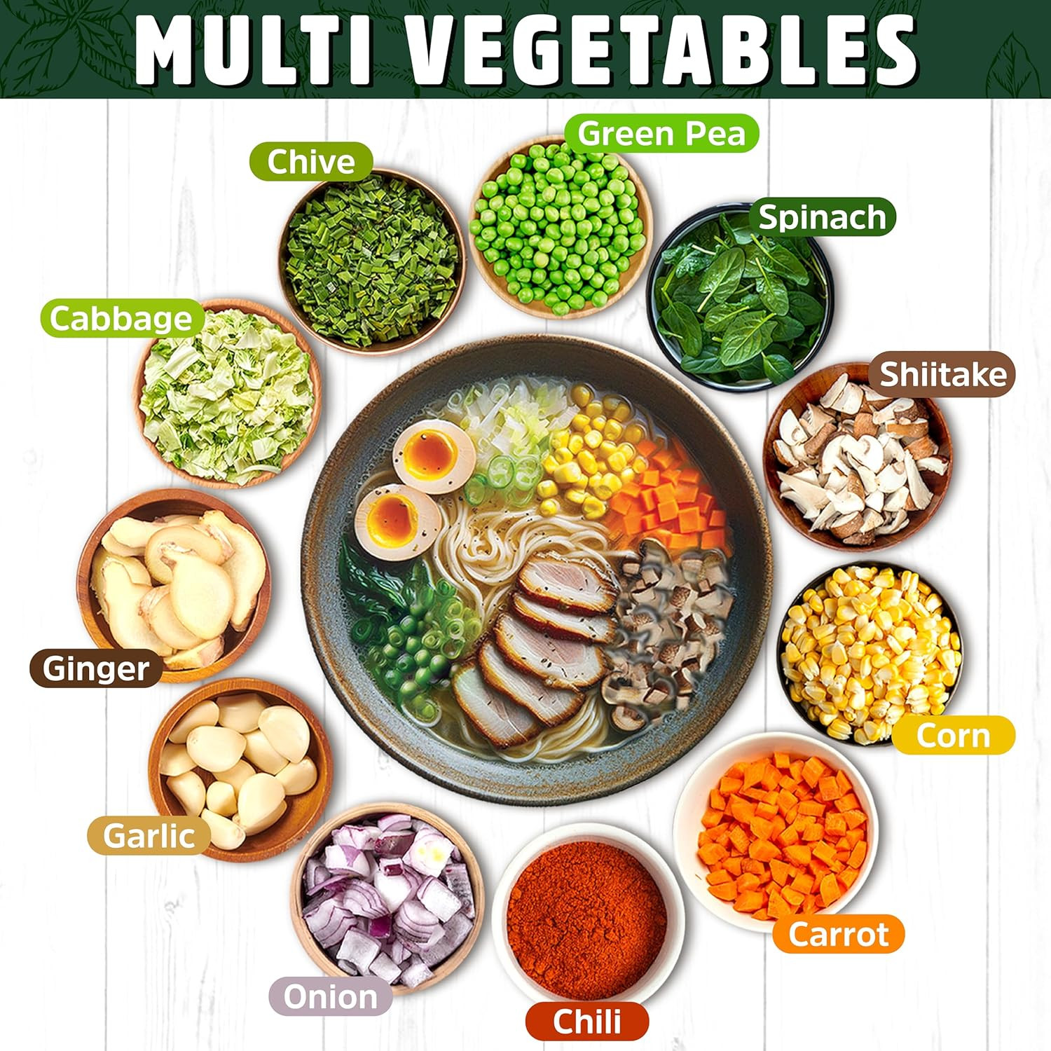 Dried Ramen Toppings. Dehydrated Vegetables for Ramen Topper Include Cabbage, Sp