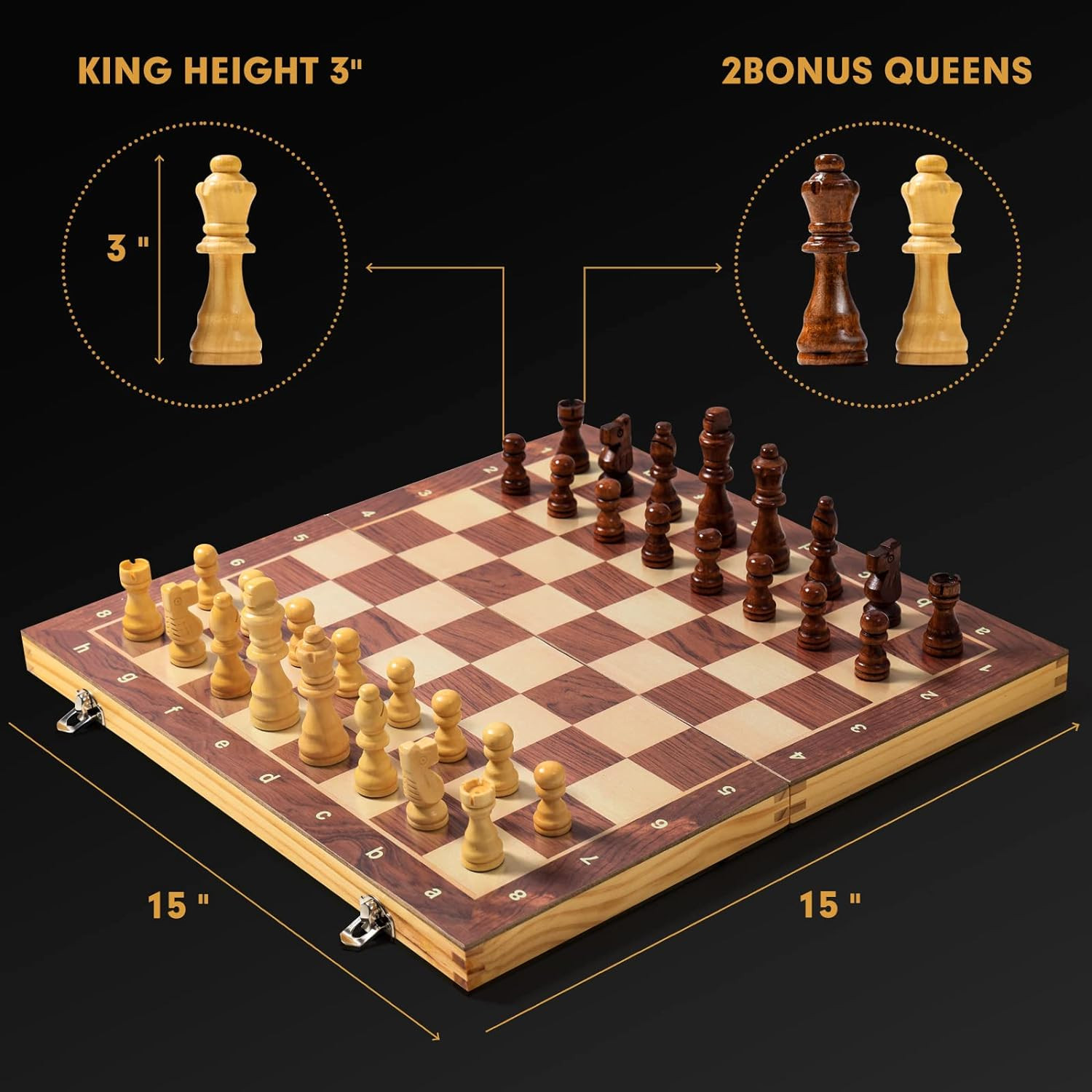 15" x 15" Magnetic Wooden Folding Chess Set with 2 Extra Queens, Handmade Game B