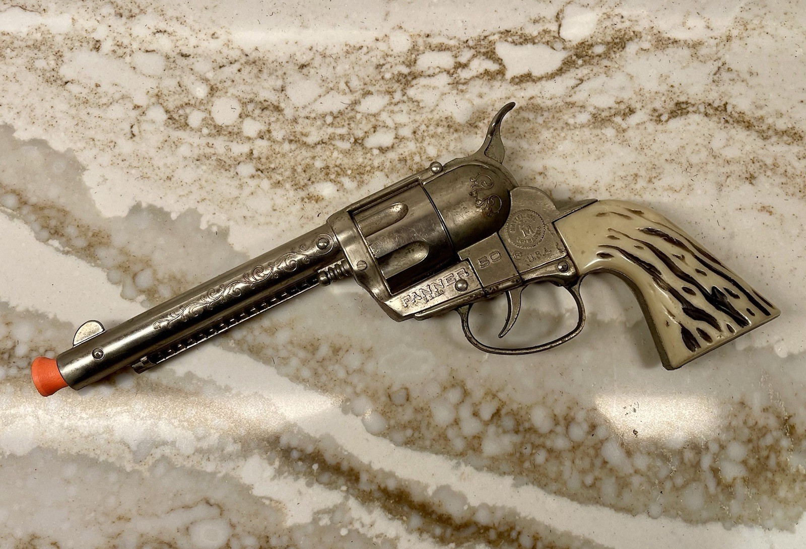 1960s VTG Mattel Fanner 50 Toy Cap Replica Gun Used Leather Holster MADE IN USA