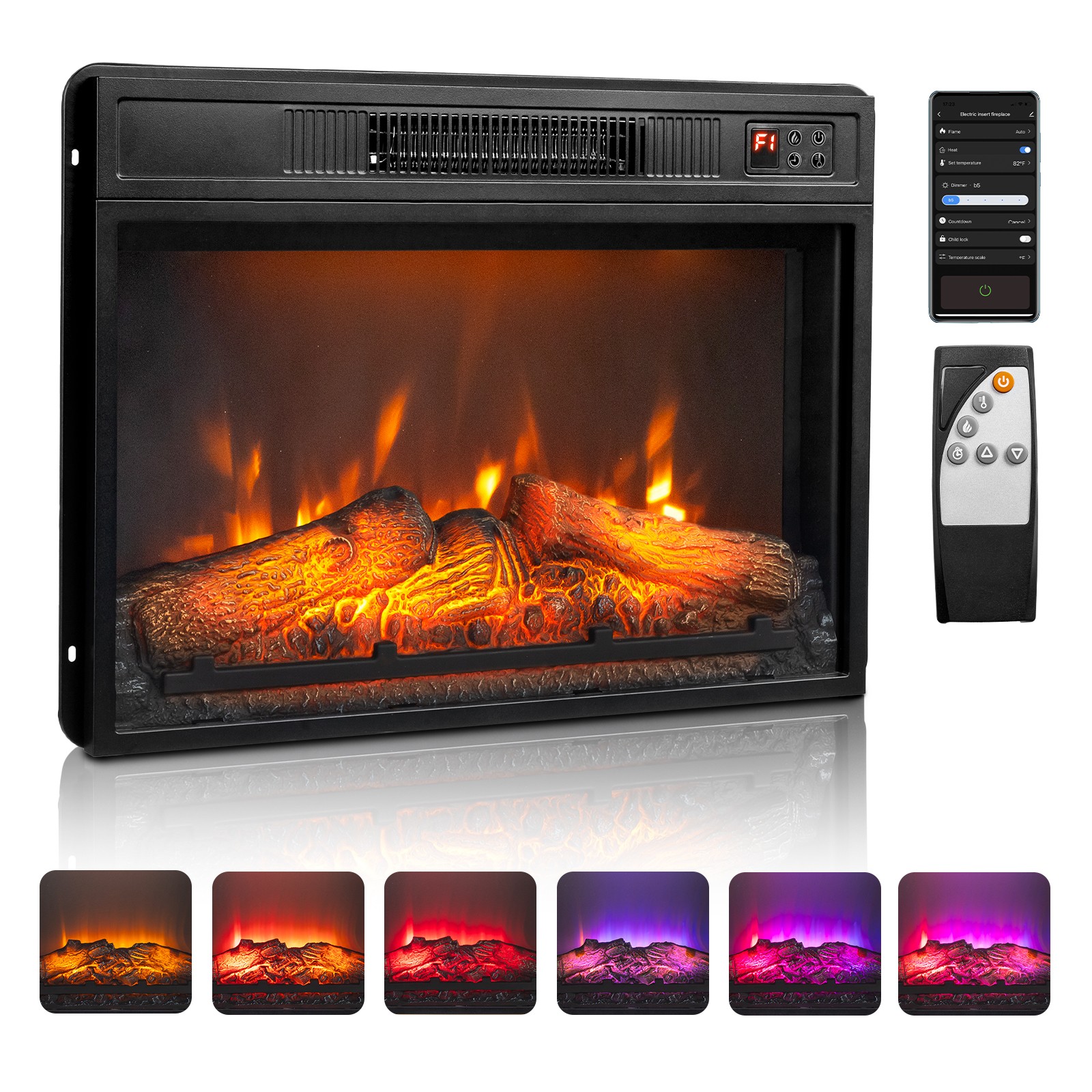 23" Embedded Electric Fireplace Insert Heater 6 Colors Realistic Flame Remote