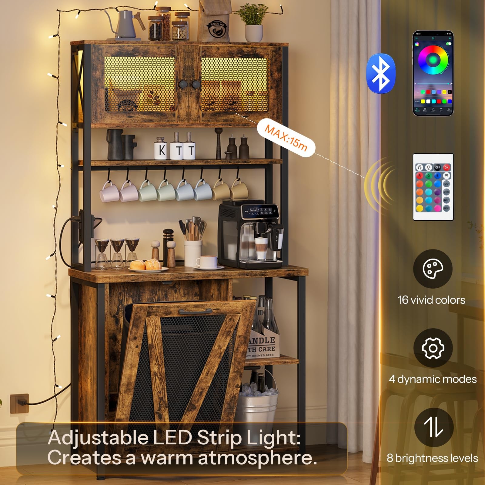 Bakers Rack with Trash Can Bin Cabinet, 6-Tier Microwave Stand with LED Stripe