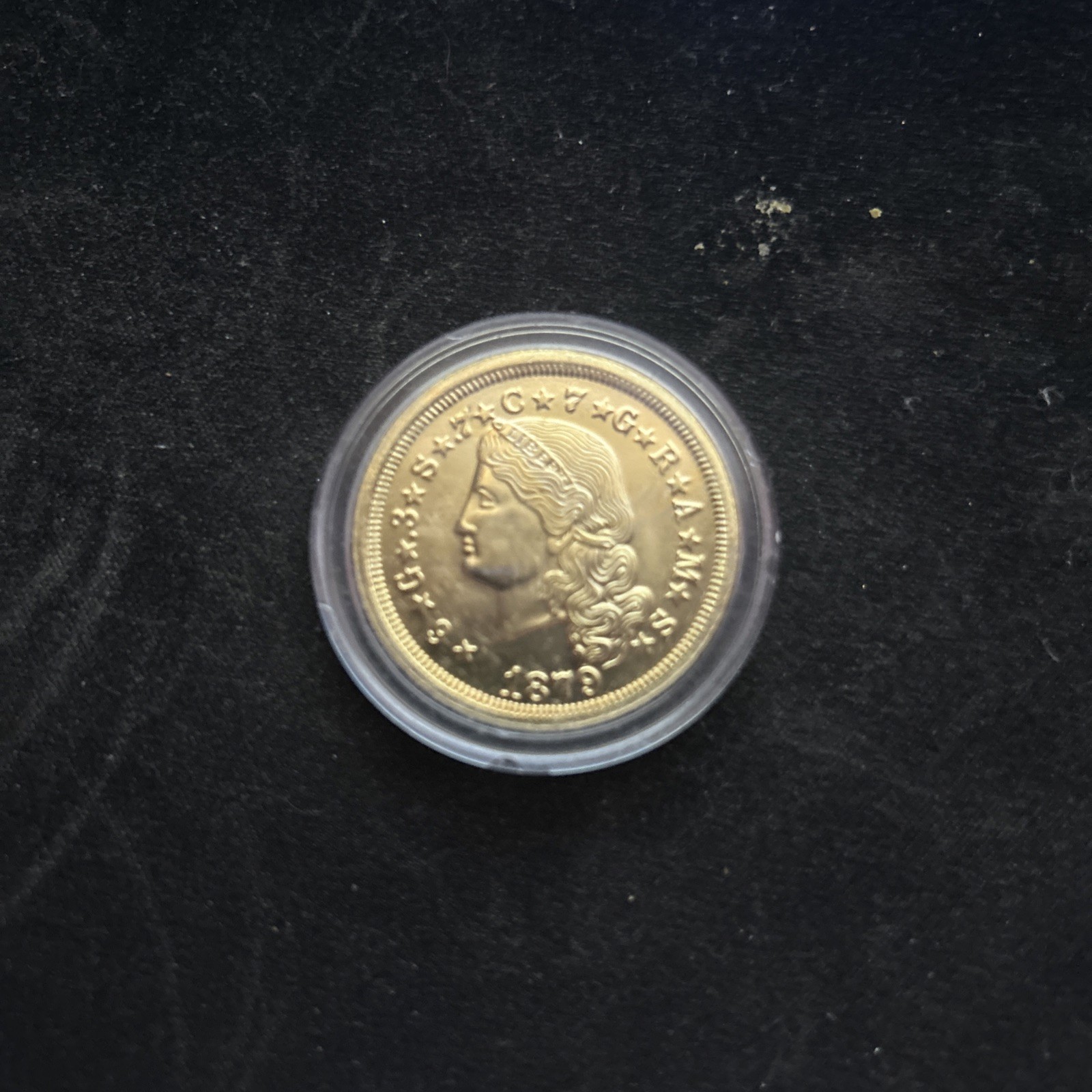 1879 $4 Stella Four Dollar Piece Coiled Hair Restrike Gold Plated Coin