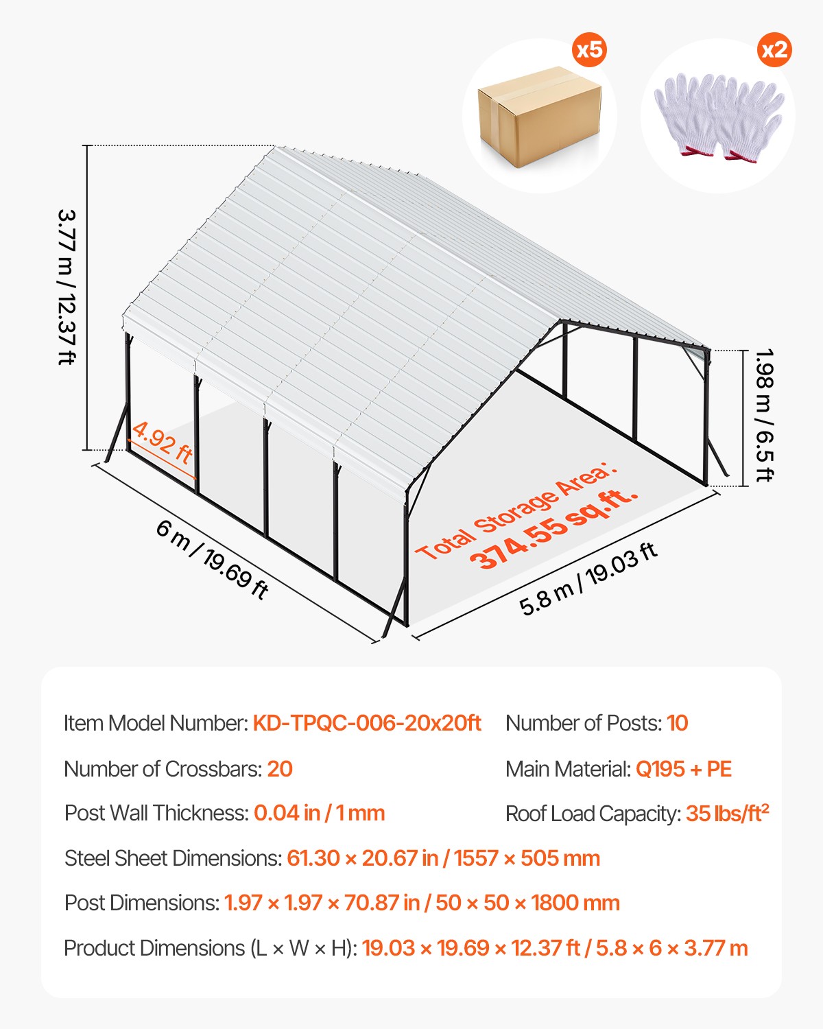 VEVOR Heavy Duty Metal Carport 20 x 20 ft Outdoor Car Shelter Garage for Boats