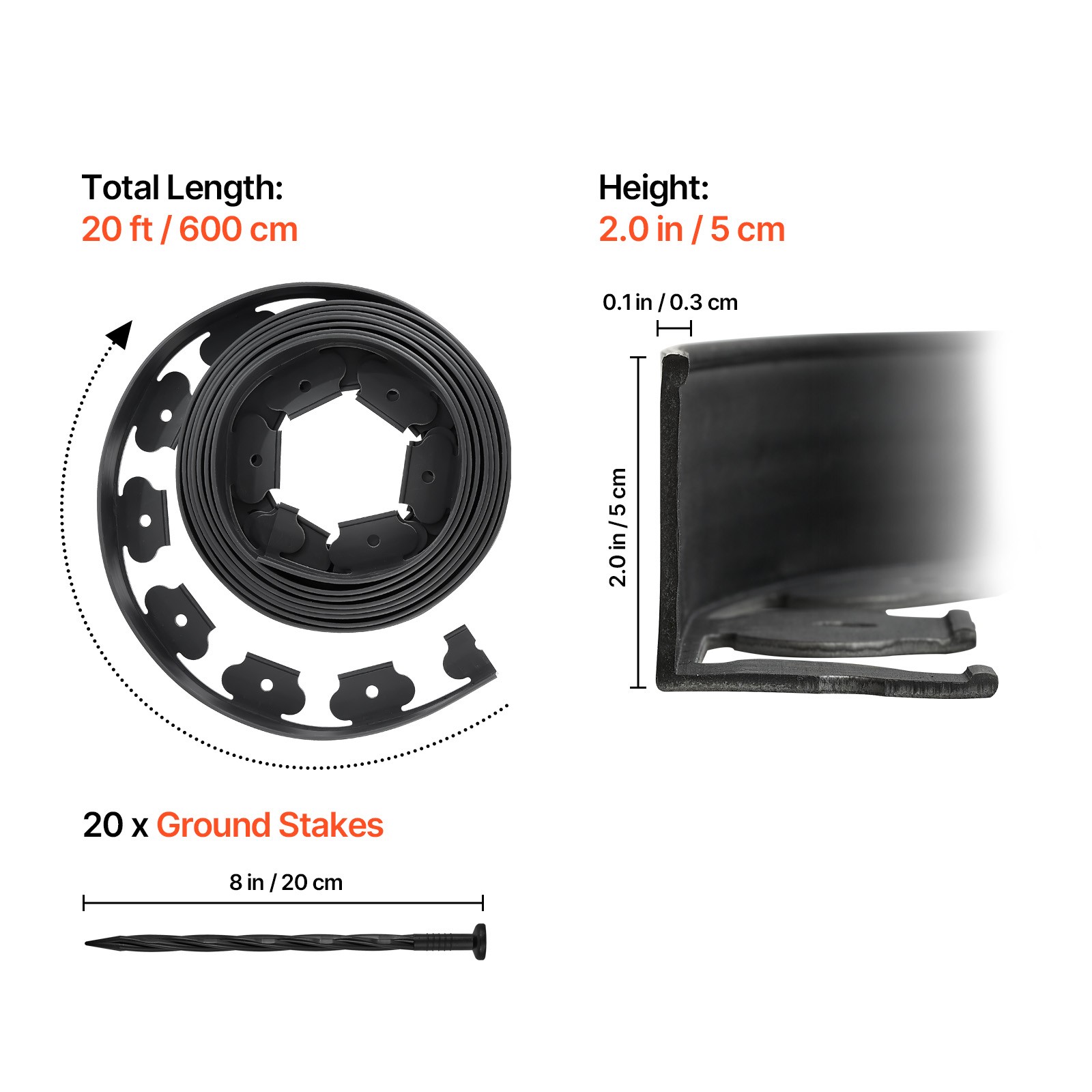 Uimoso 20ft x 2in L-Shaped Plastic Garden Edging, Durable No-Dig Border