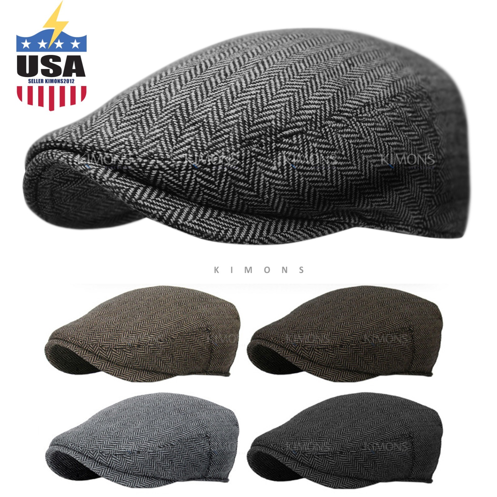 EM Herringbone Ivy Hat Wool Stripe Gatsby Cap Golf Driving Flat Cabbie Newsboy