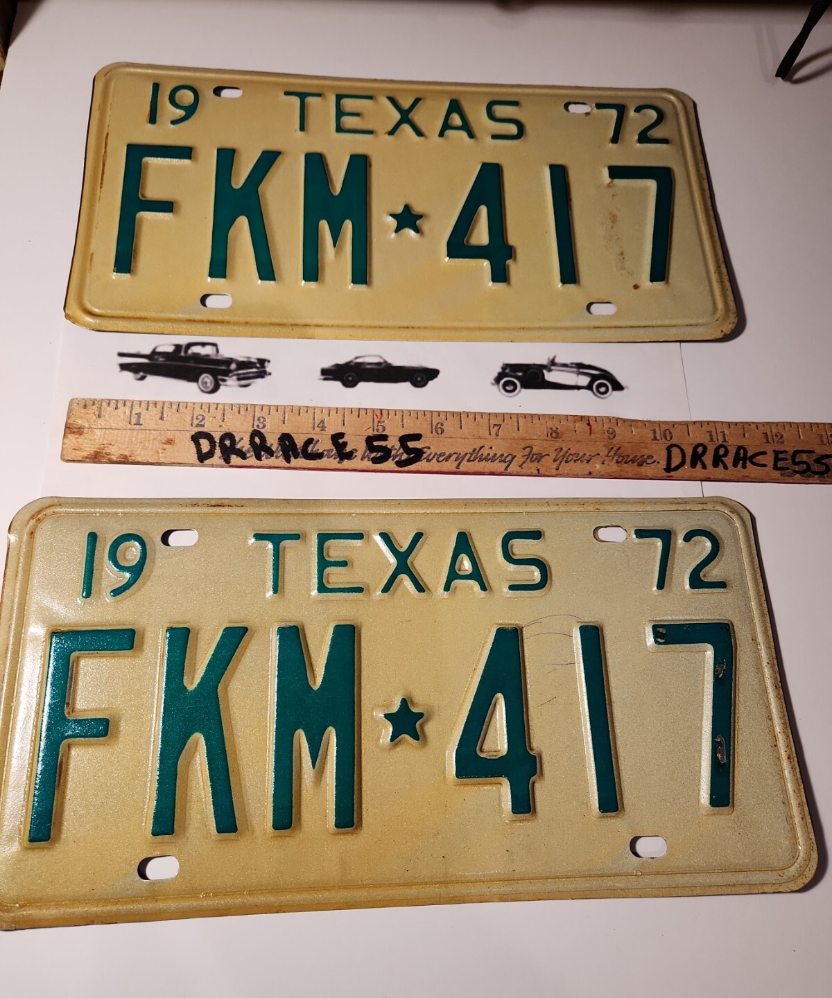 1972  72 Texas License  Plate Pair SET VINTAGE ANTIQUE CLASSIC  car FKM 417