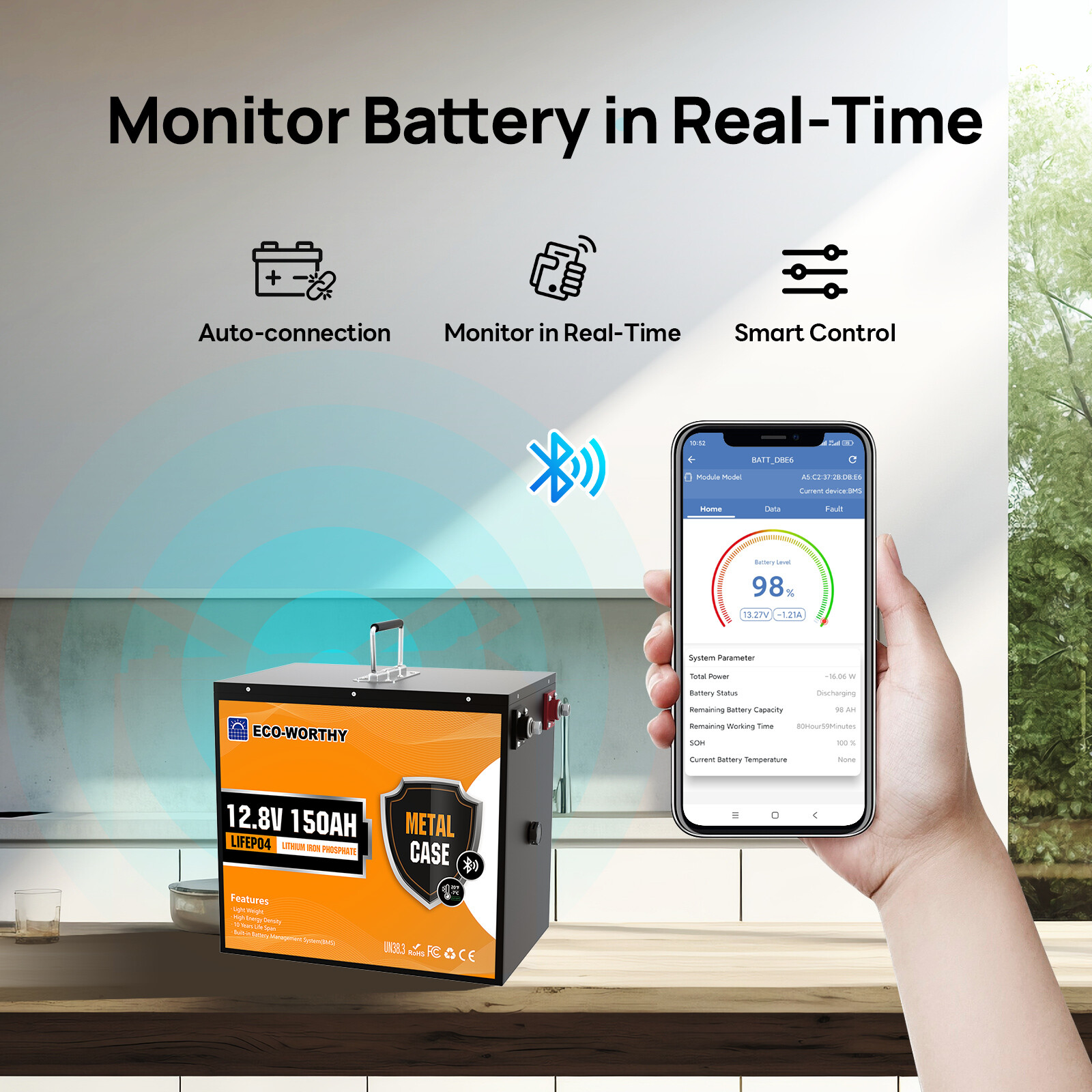 ECO-WORTHY 1920Wh 12V 150Ah LiFePO4 Lithium Battery Bluetooth Metal For RV