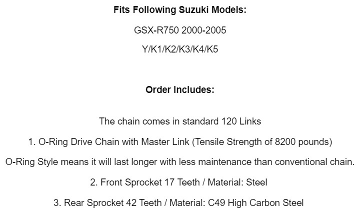 Golden O-Ring Drive Chain & Sprockets Kit for Suzuki GSX-R750 GSXR750 2000-2005