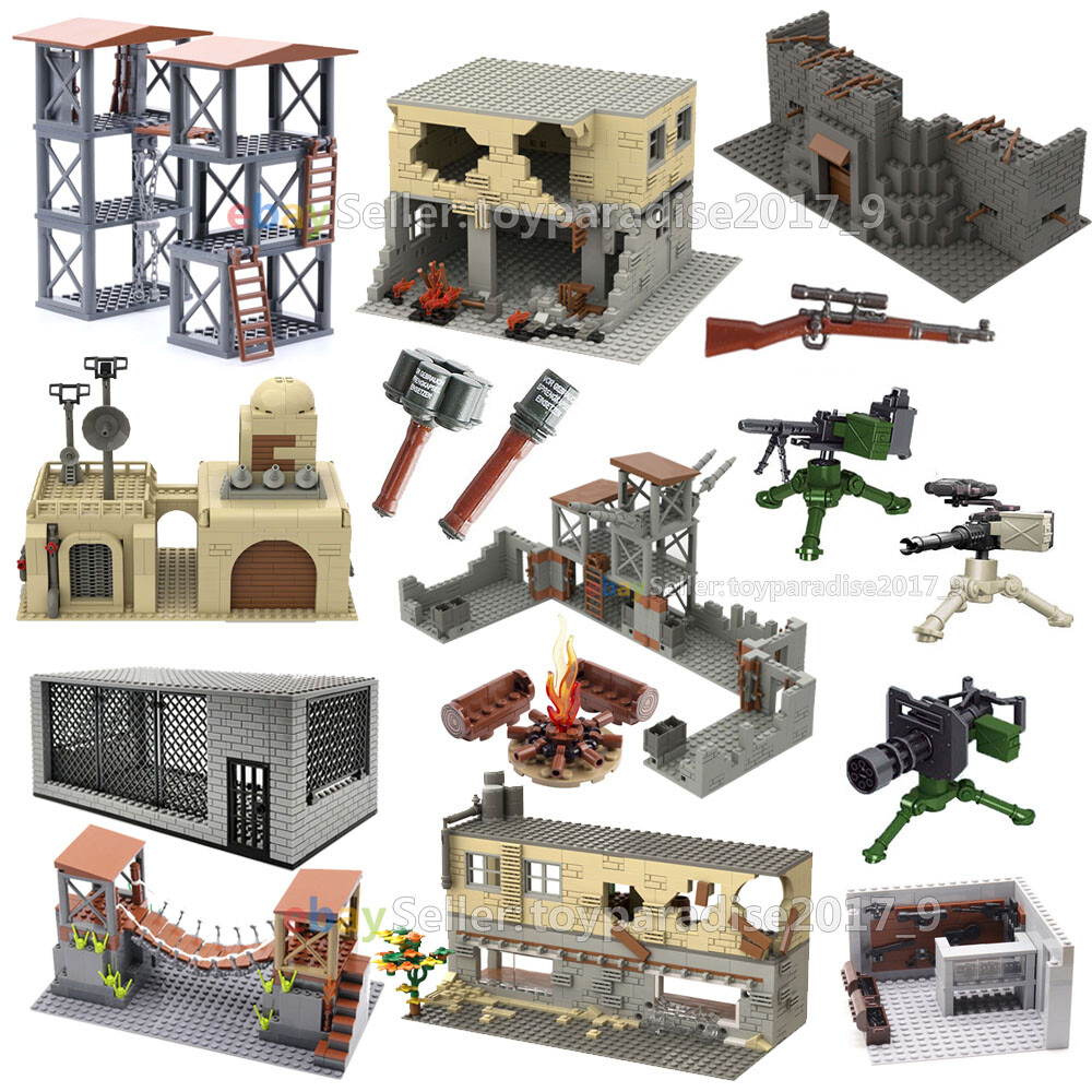 MOC WWII Military Base Fortress Battle Scene House Tower Weapon Building Blocks
