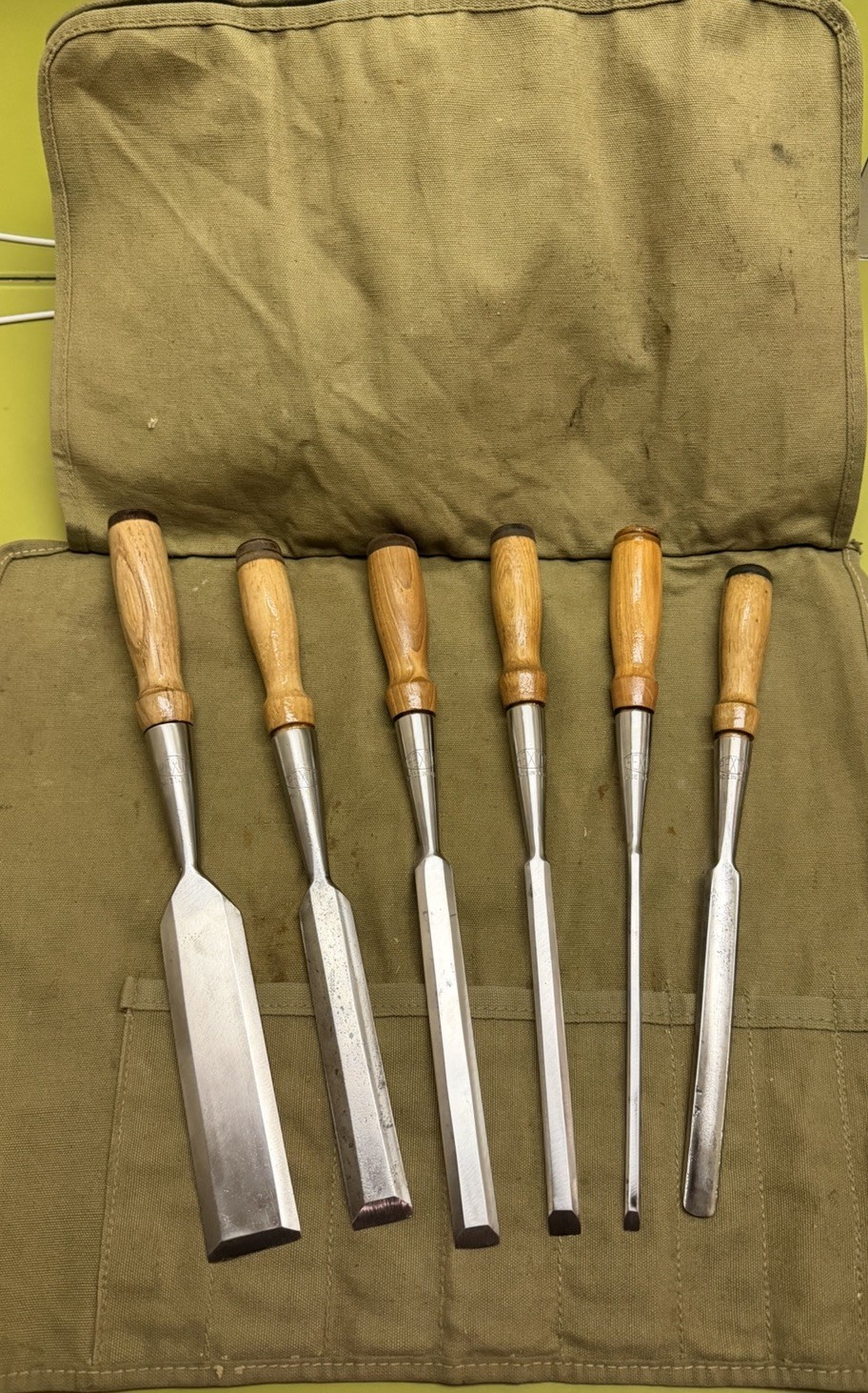 SUPERB 6-pc Set PEXTO vtg Socket Chisels w/MATCHING Handles & CANVAS TOOL ROLLUP