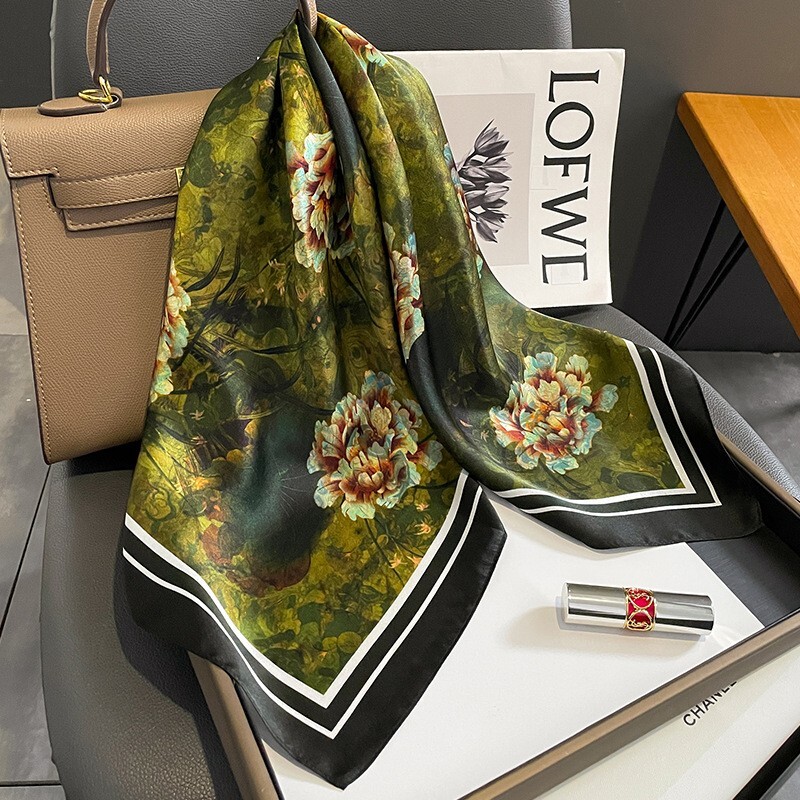100% Silk Scarf Women Vintage Dark Green Flower Kerchief Headscarf Tied 68*68cm