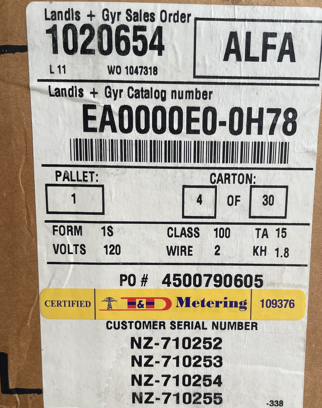 LANDIS & GYR (L&G) WATTHOUR METER (KWH) ALFA, FOCUS, 120 VOLTS, FM 1S, 100 AMP