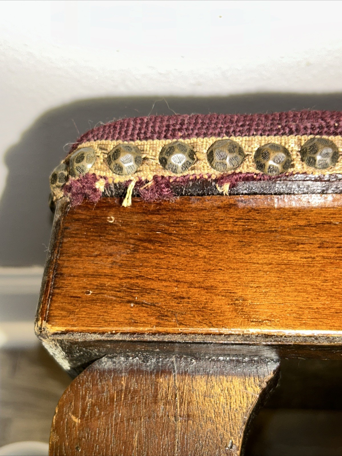 19thC Antique Victorian Stud Accents Footstool Floral Needlepoint Carved Walnut*