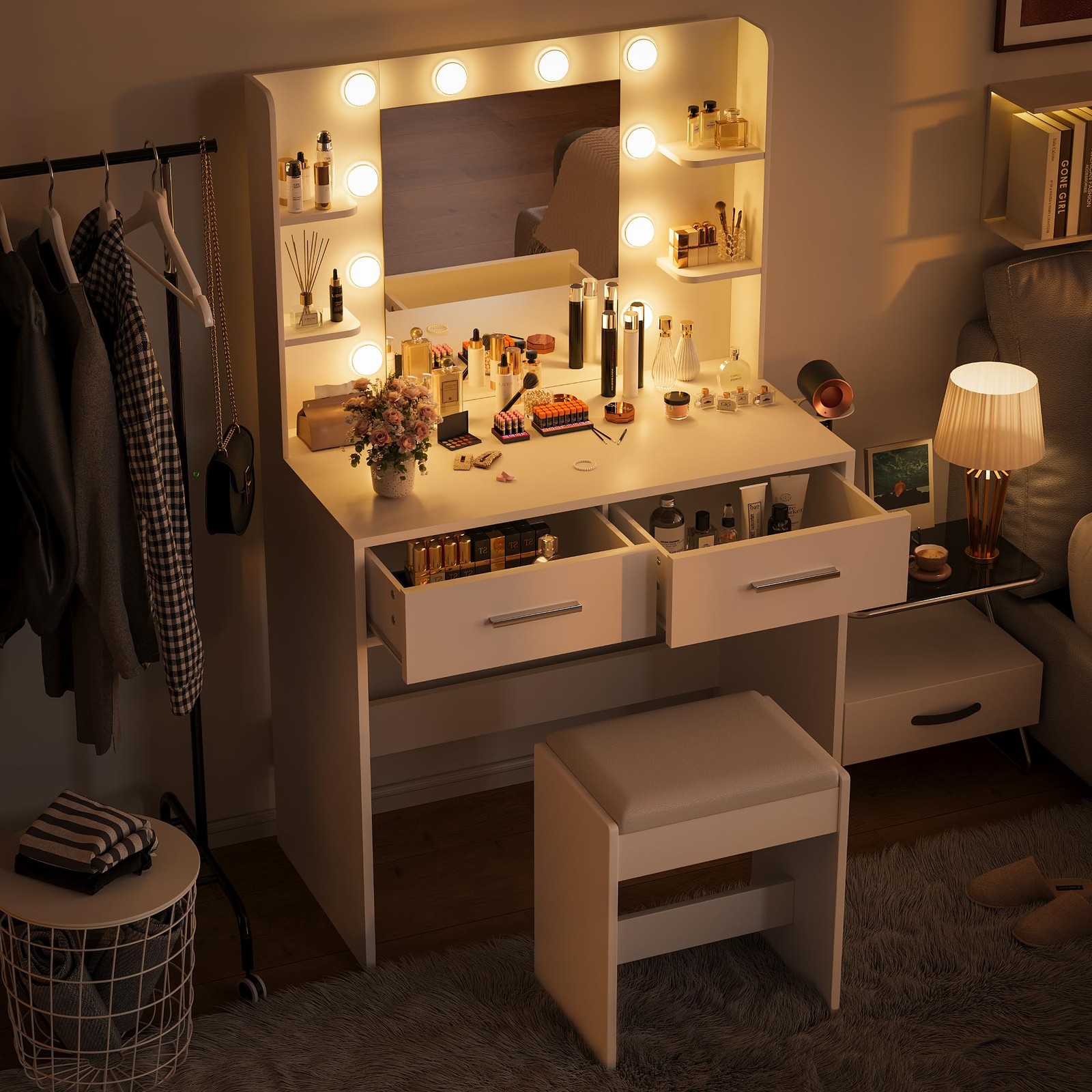 Furmax Makeup Vanity Desk w/ Mirror, Power Outlet, 3-Color LED Lights & Bench