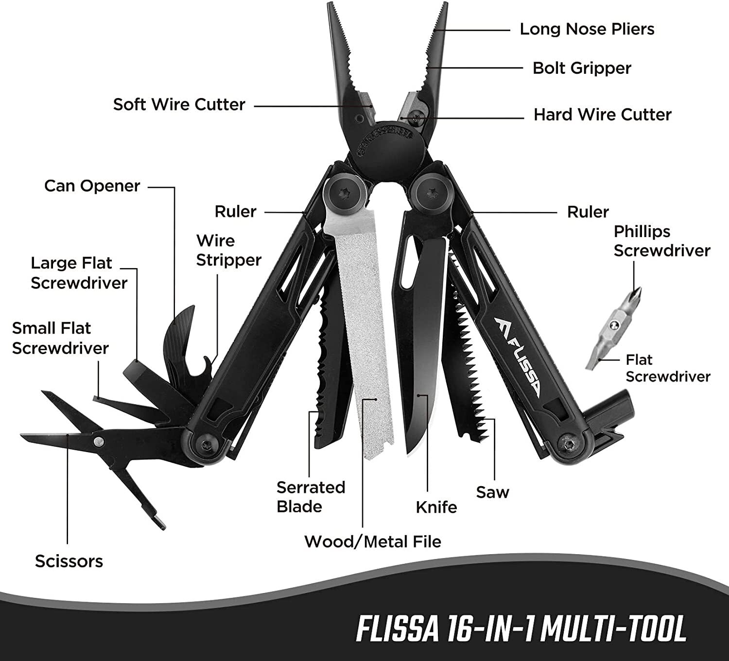 FLISSA 16-in-1 Multi-tool Plier Folding Tool Bottle Opener with Sheath