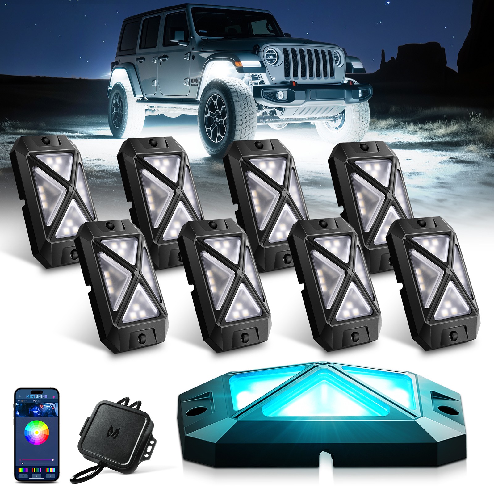 MICTUNING C4 RGBW LED Rock Lights -8 Pods 48W Underglow Neon Accent Lighting Kit