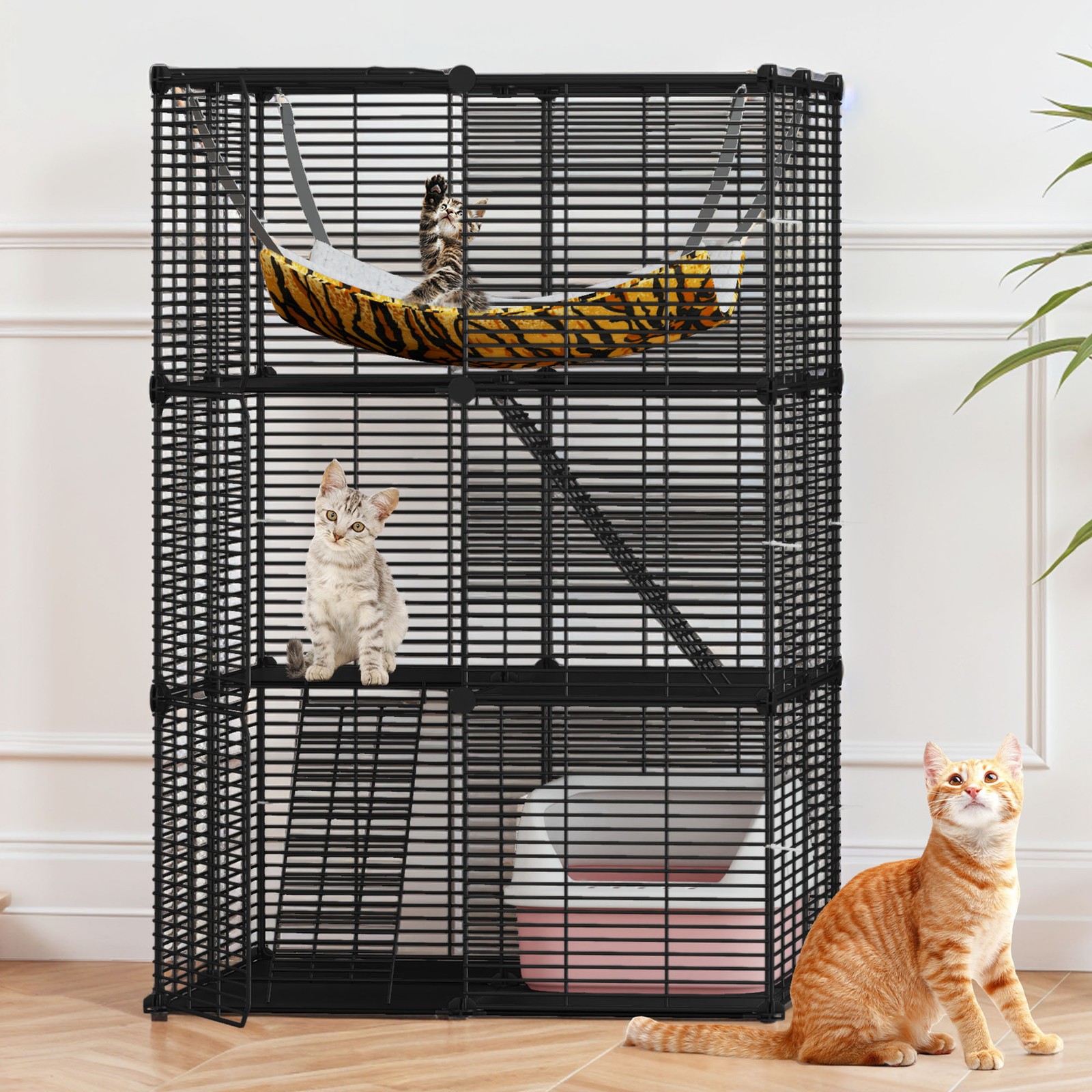 Cat Cage Indoor Enclosures DIY Cat Playpen Metal Kennel with Extra Large Hammock
